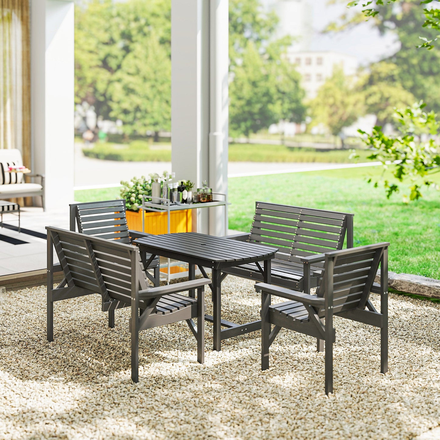 5 Piece Wooden Garden Dining Set for 6, Outdoor Conversation Set with 2 Armchairs, 2 Loveseats and Dining Table with Umbrella Hole for Patio, Balcony, Grey