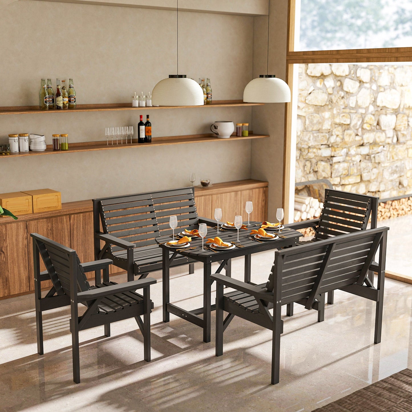 5 Piece Wooden Garden Dining Set for 6, Outdoor Conversation Set with 2 Armchairs, 2 Loveseats and Dining Table with Umbrella Hole for Patio, Balcony, Grey