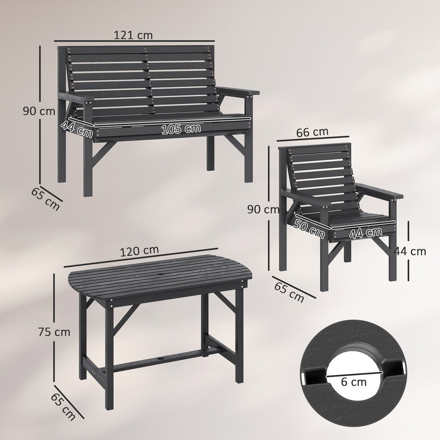 5 Piece Wooden Garden Dining Set for 6, Outdoor Conversation Set with 2 Armchairs, 2 Loveseats and Dining Table with Umbrella Hole for Patio, Balcony, Grey