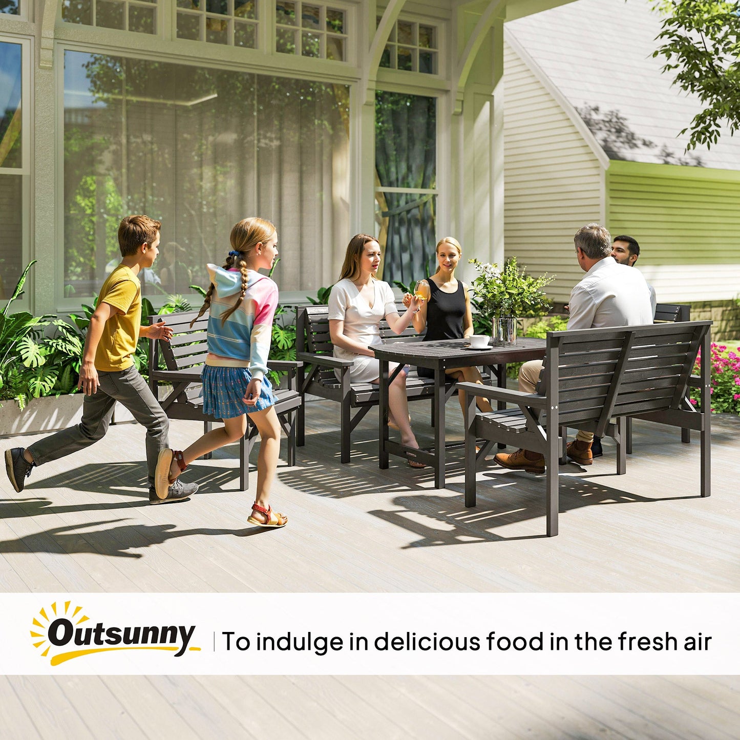 5 Piece Wooden Garden Dining Set for 6, Outdoor Conversation Set with 2 Armchairs, 2 Loveseats and Dining Table with Umbrella Hole for Patio, Balcony, Grey
