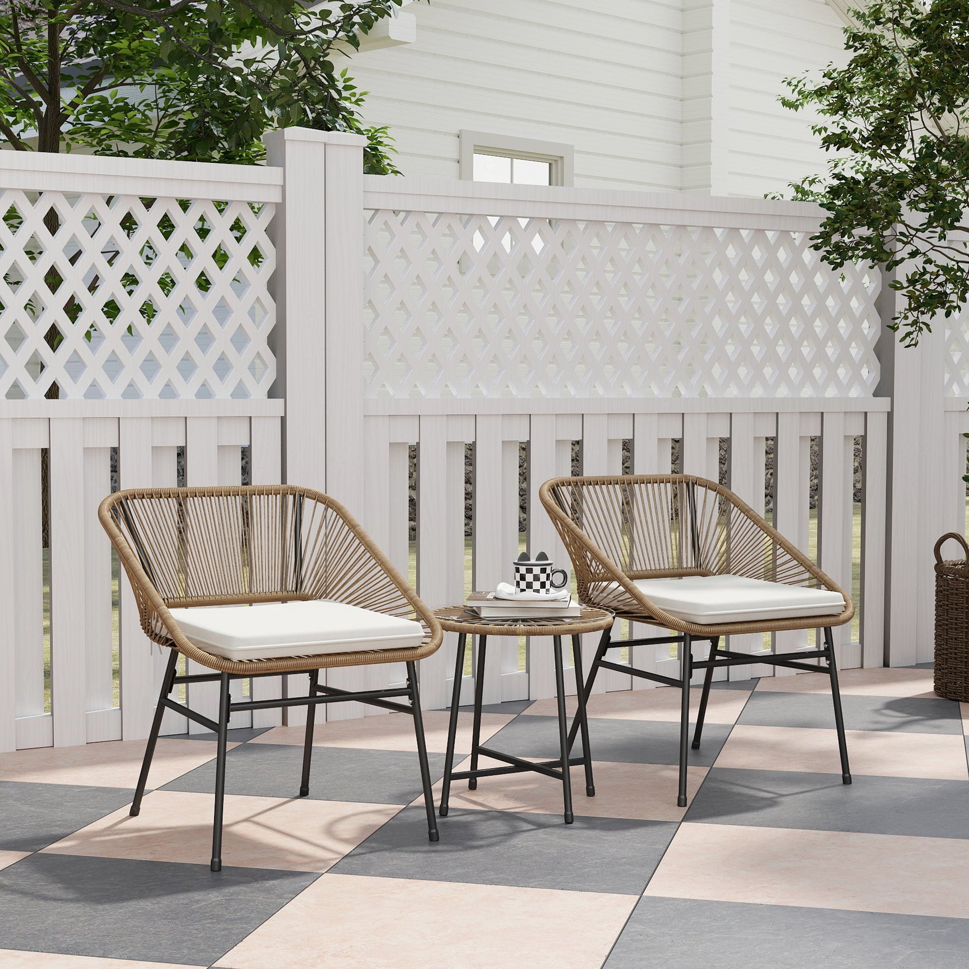 3 Pieces Rattan Bistro Set, Wicker Small Garden Table and Chairs Set with Cushions and Glass Top Coffee Table, Bistro Garden Furniture Set for Outdoor, Patio, Balcony, Natural