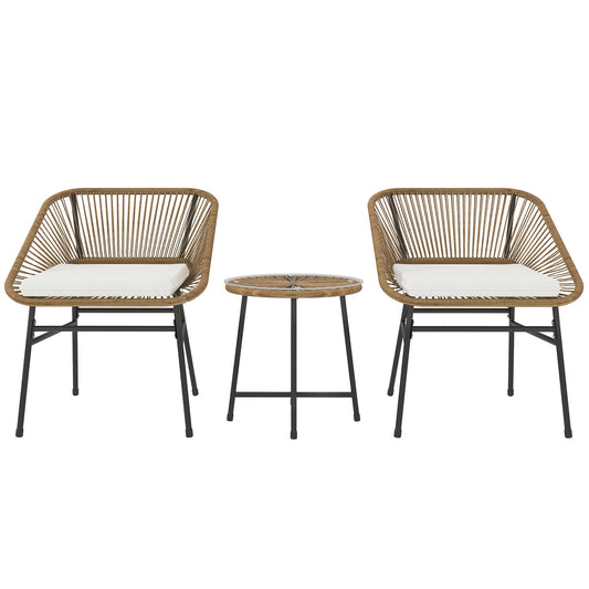 3 Pieces Rattan Bistro Set, Wicker Small Garden Table and Chairs Set with Cushions and Glass Top Coffee Table, Bistro Garden Furniture Set for Outdoor, Patio, Balcony, Natural