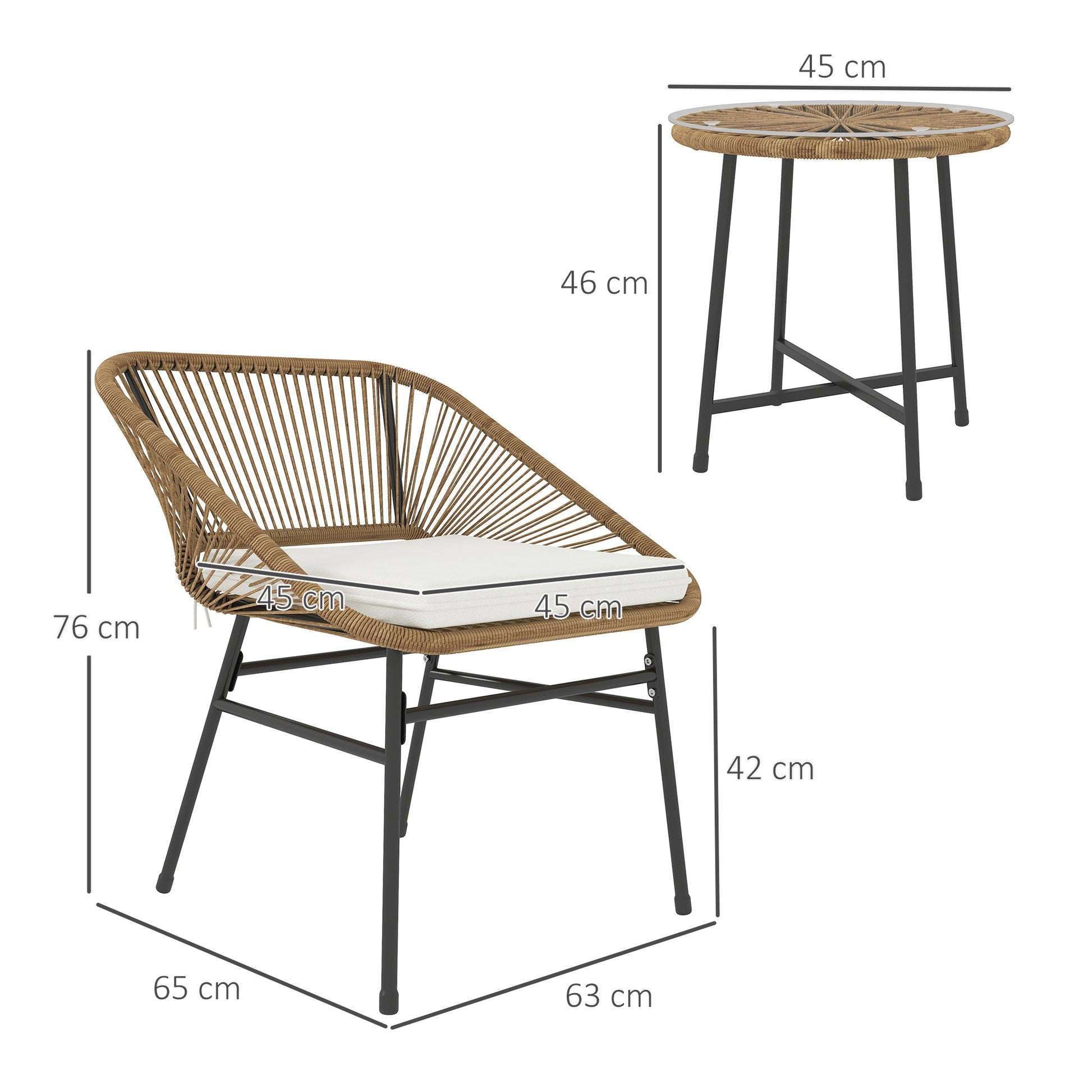 3 Pieces Rattan Bistro Set, Wicker Small Garden Table and Chairs Set with Cushions and Glass Top Coffee Table, Bistro Garden Furniture Set for Outdoor, Patio, Balcony, Natural