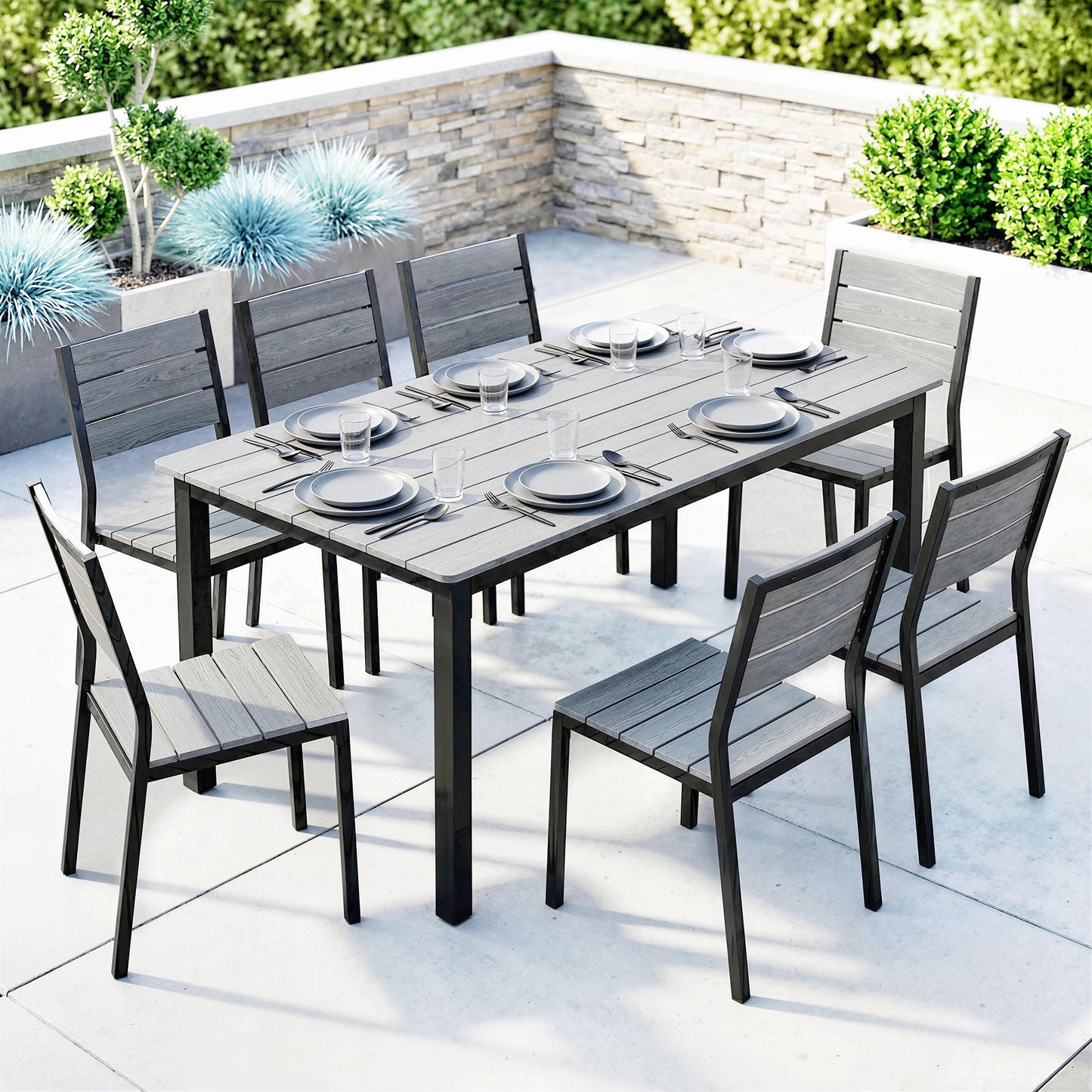 Garden Dining Table for 6-8 Person, 180 x 86 cm Rectangular Outdoor Dining Table with Wood Slatted Top and Steel Frame, All Weather Patio Furniture for Balcony, Porch, Grey