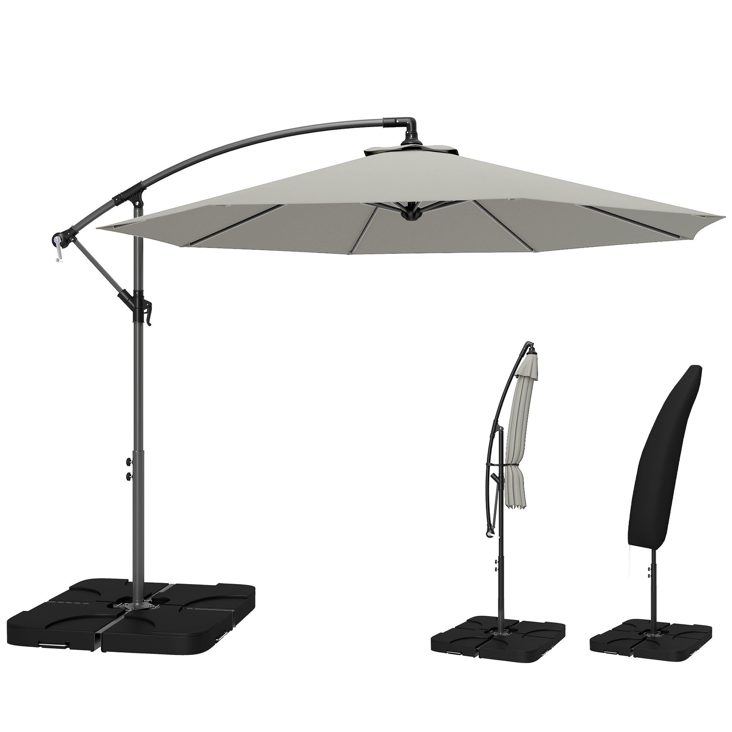 3 m Cantilever Parasol with Umbrella Weights, Cross Base, Offset Outdoor Umbrella with Protective Cover, Crank Handle, Hanging Sun Shade, Light Grey