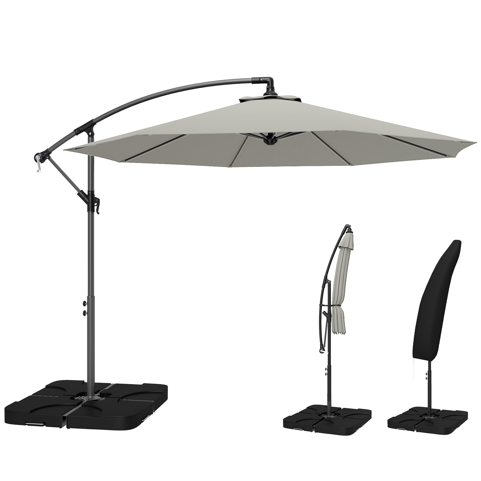 3 m Cantilever Parasol with Umbrella Weights, Cross Base, Offset Outdoor Umbrella with Protective Cover, Crank Handle, Hanging Sun Shade, Light Grey