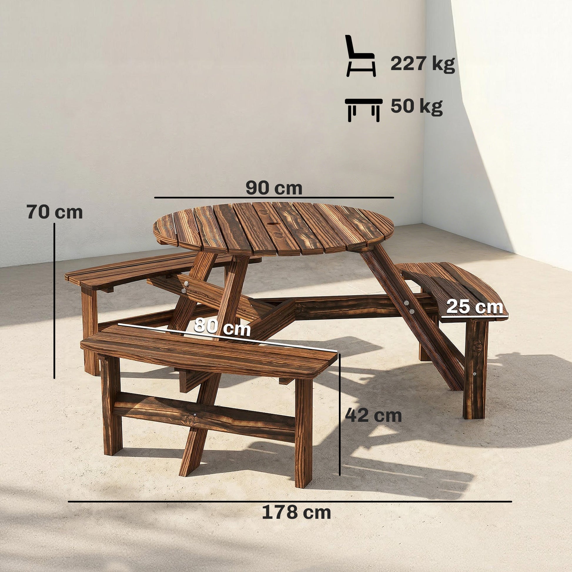 Wooden Garden Dining Set, 6 Seater Round Dining Picnic Table with Matching Bench, Garden Furniture Set with Parasol Hole for Outdoor Patio Party and Family Gatherings, Carbonized