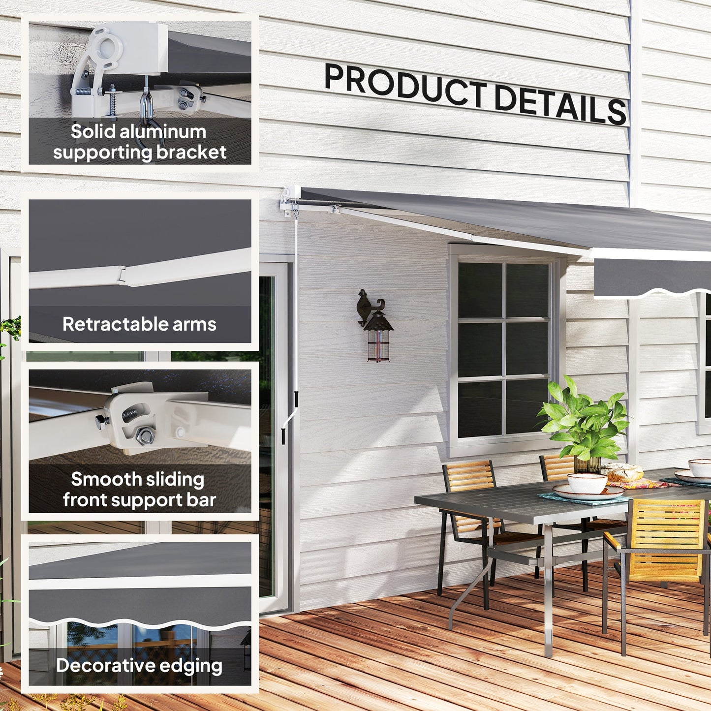 2.5m x 2m Retractable Awning, DIY Garden Awning Canopy, Anti-UV Sun Shade Shelter with Aluminium Frame and Crank Handle, Dark Grey