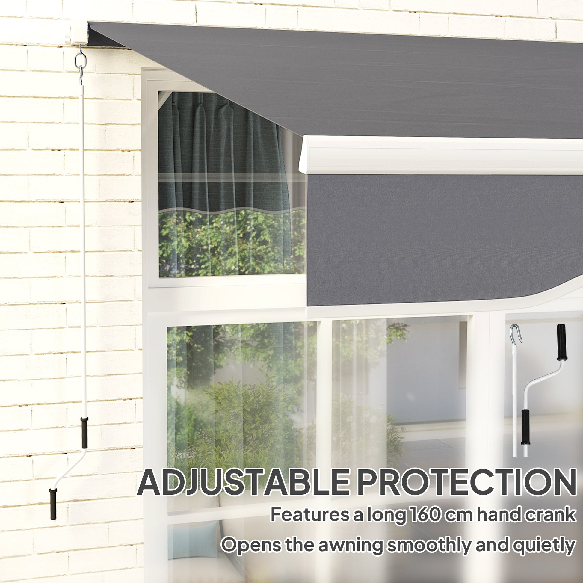 2.5m x 2m Retractable Awning, DIY Garden Awning Canopy, Anti-UV Sun Shade Shelter with Aluminium Frame and Crank Handle, Dark Grey