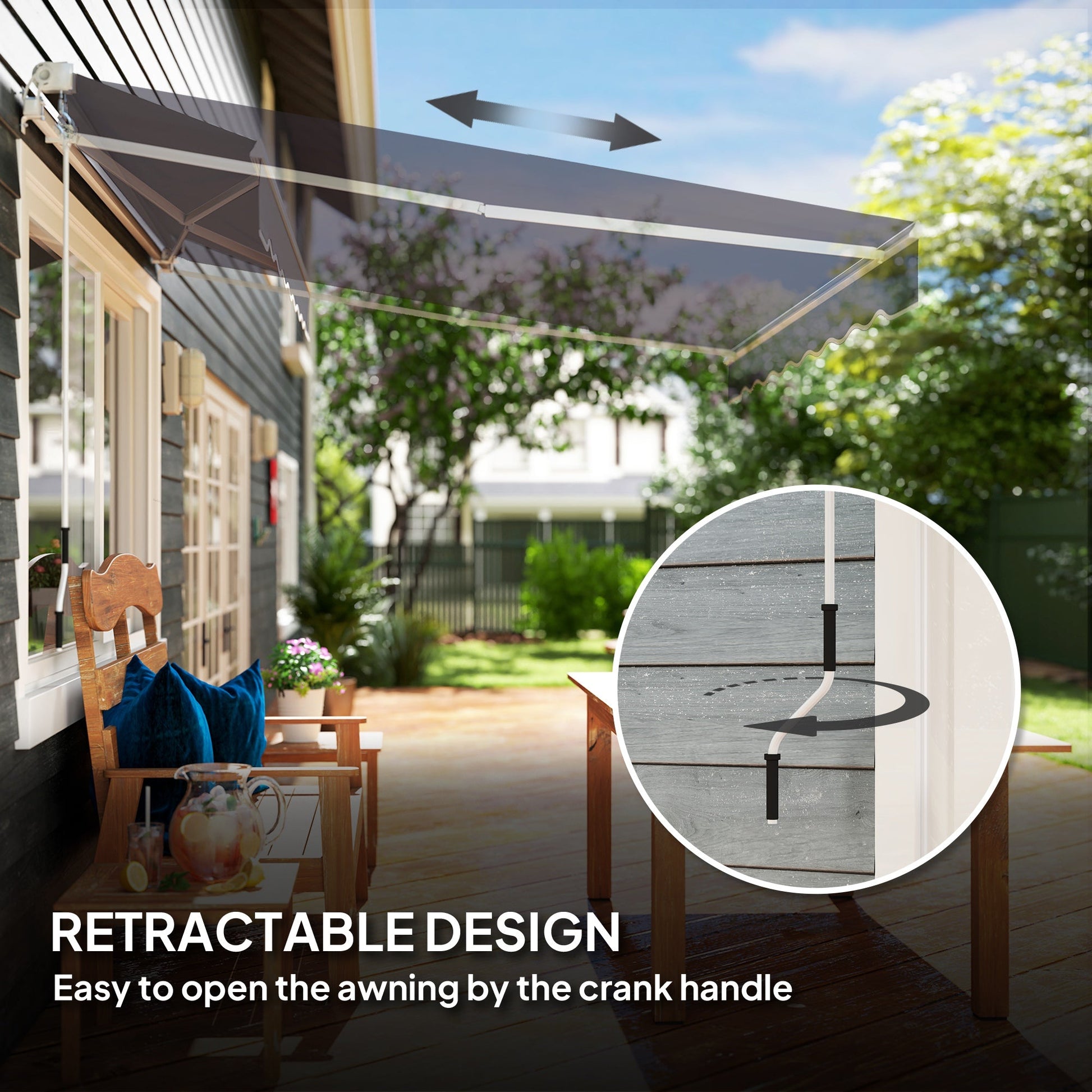 2.5m x 2m Retractable Awning, DIY Garden Awning Canopy, Anti-UV Sun Shade Shelter with Aluminium Frame and Crank Handle, Dark Grey