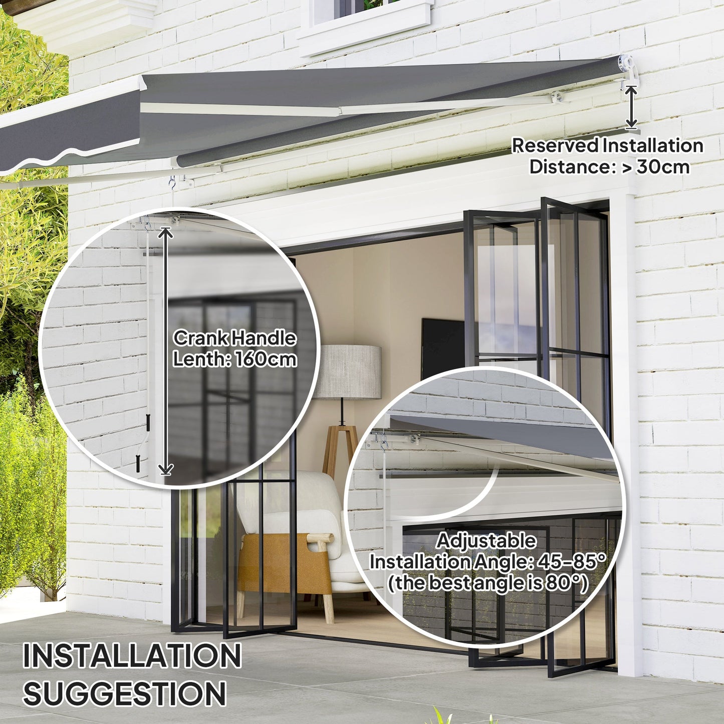 2.5m x 2m Retractable Awning, DIY Garden Awning Canopy, Anti-UV Sun Shade Shelter with Aluminium Frame and Crank Handle, Dark Grey