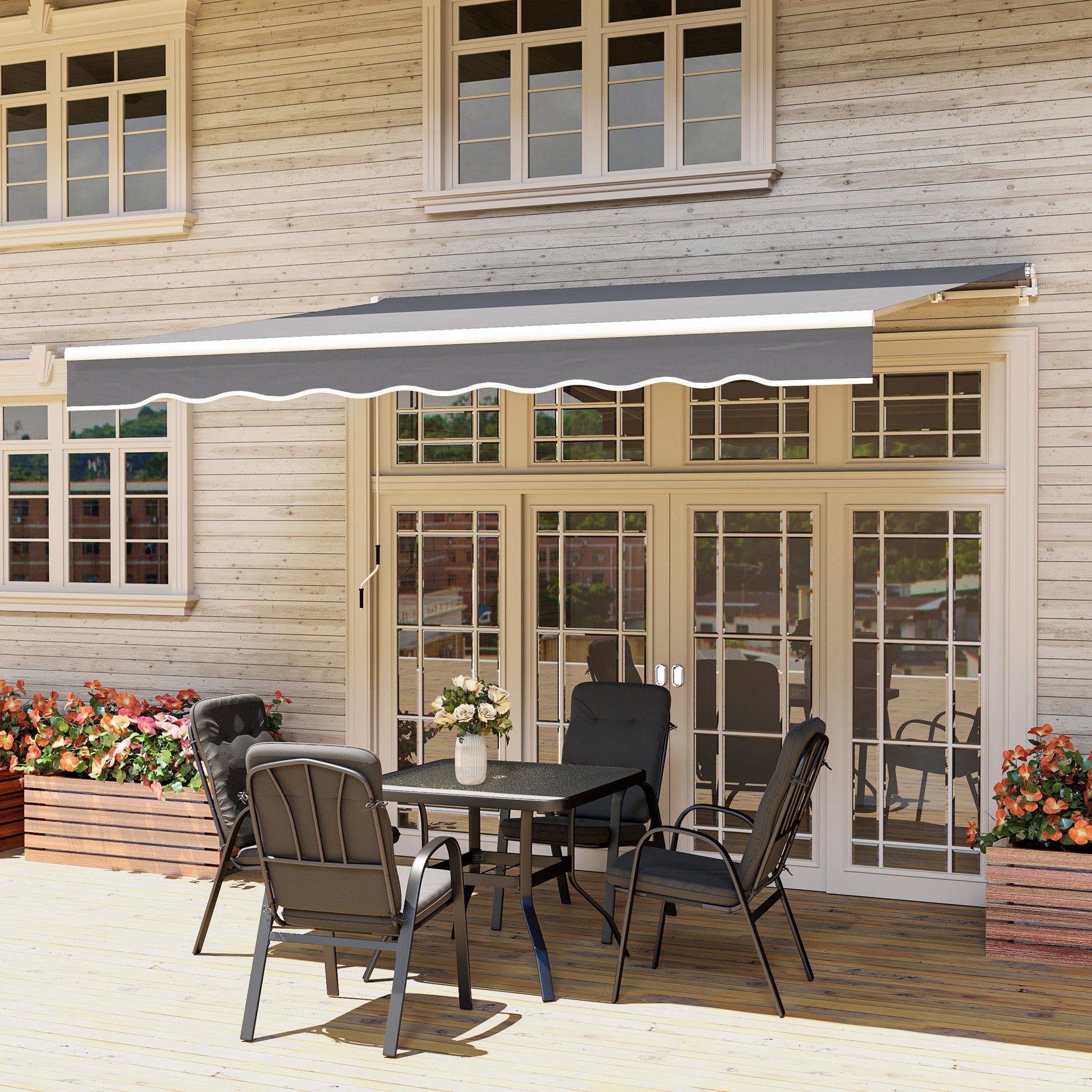2.5m x 2m Retractable Awning, DIY Garden Awning Canopy, Anti-UV Sun Shade Shelter with Aluminium Frame and Crank Handle, Dark Grey