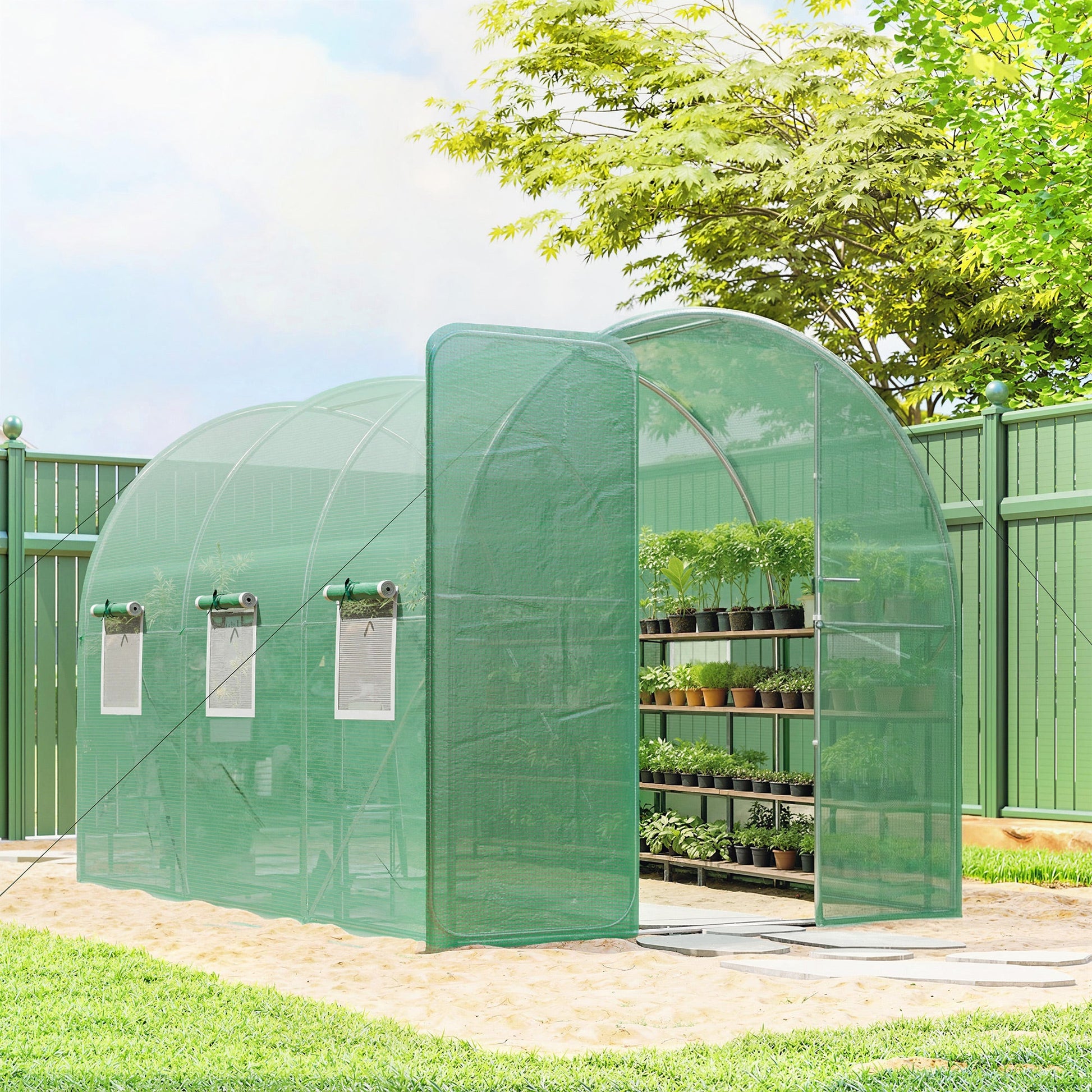 7' x 10' Walk-in Polytunnel Greenhouse with Hinged Door and 6 Roll Up Mesh Windows, Garden Tunnel Warm House Tent with UV-resistant PE Cover, Galvanised Steel Frame, Green