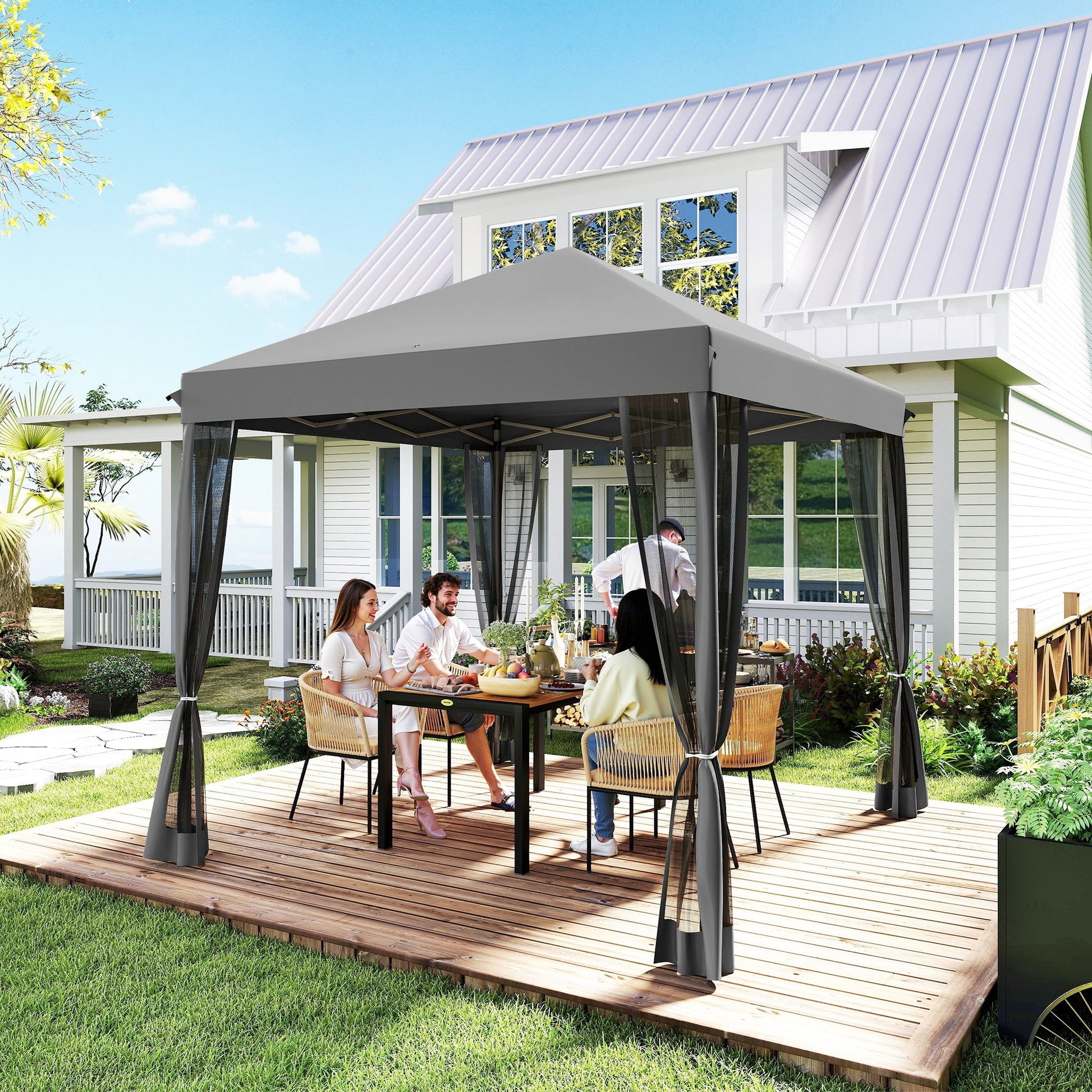 3 x 3 m Pop Up Gazebo, 420D Garden Tent Canopy with Removable Mesh Sidewall Netting, Carry Bag for Garden Patio Outdoor, Light Grey