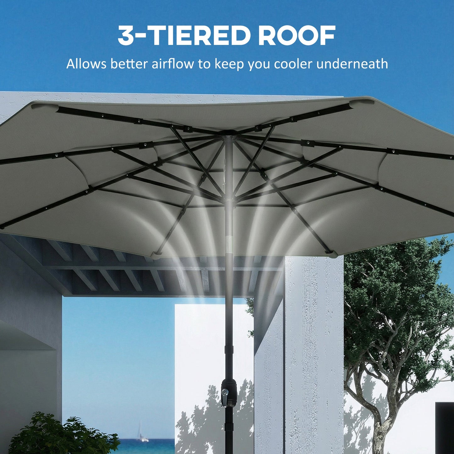 3 m Garden Parasol, Parasol Umbrella with 3-tier Roof, Crank Handle, Tilt Function, Polyester Canopy, Outdoor Table Umbrella for Patio, Garden, Grey