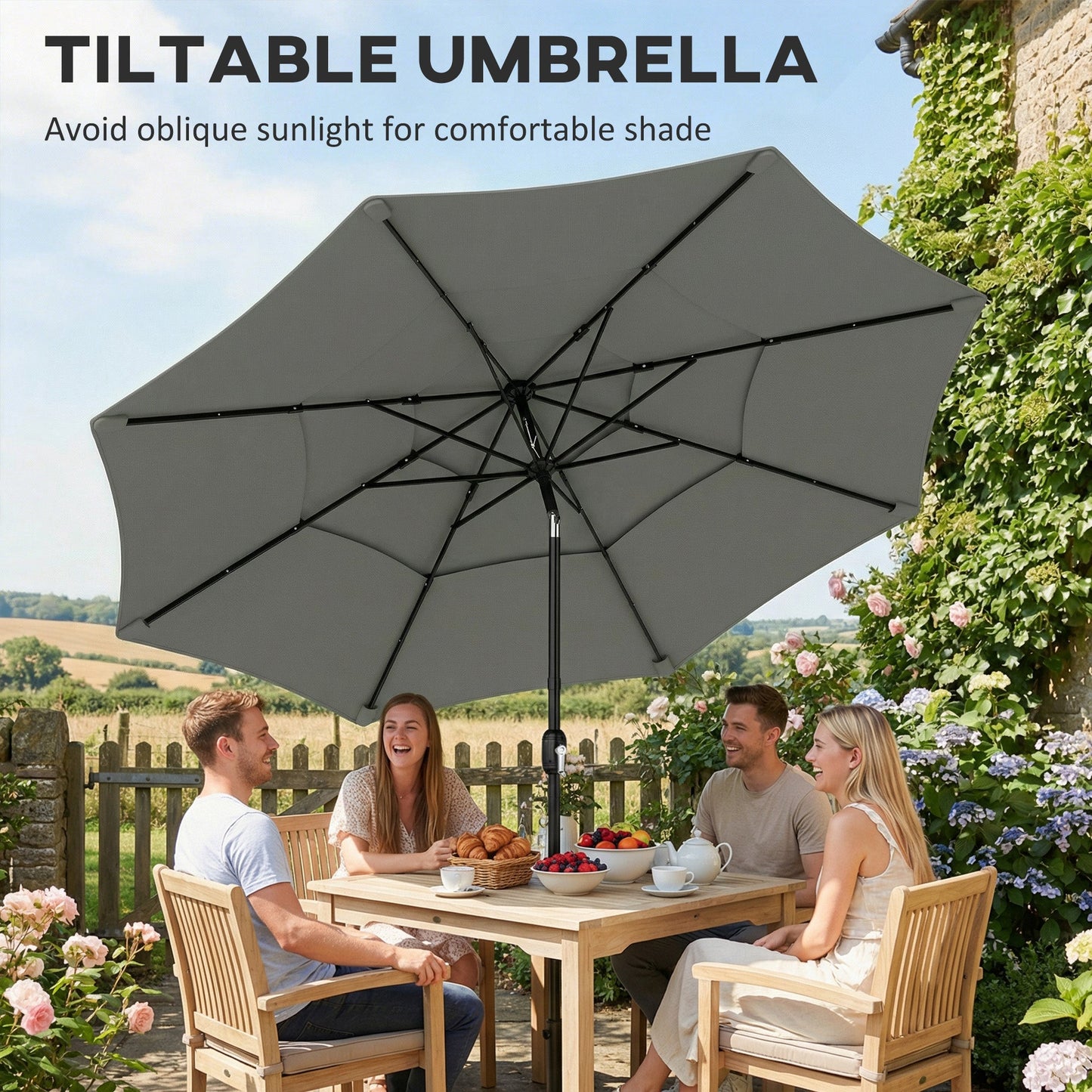 3 m Garden Parasol, Parasol Umbrella with 3-tier Roof, Crank Handle, Tilt Function, Polyester Canopy, Outdoor Table Umbrella for Patio, Garden, Grey