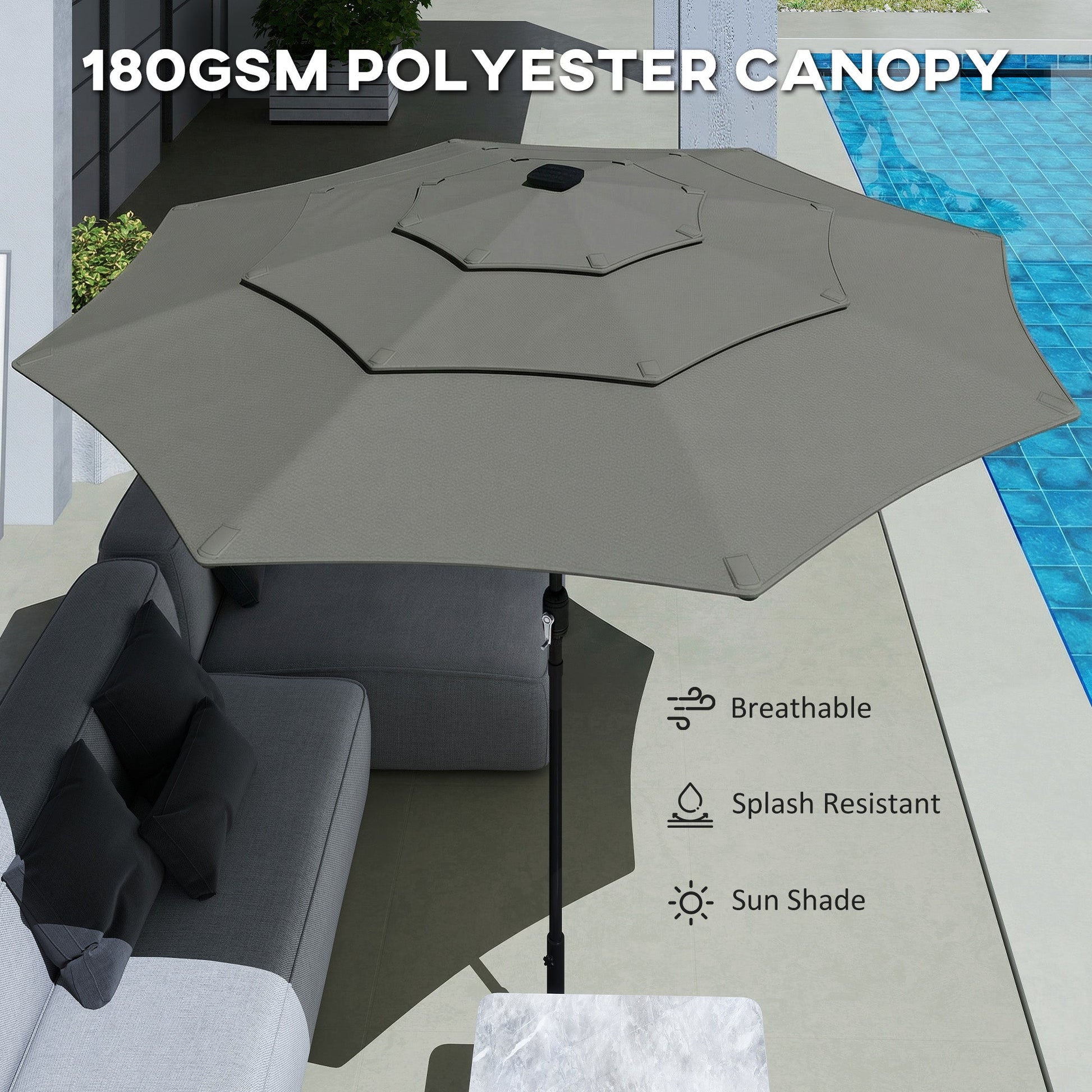 3 m Garden Parasol, Parasol Umbrella with 3-tier Roof, Crank Handle, Tilt Function, Polyester Canopy, Outdoor Table Umbrella for Patio, Garden, Grey