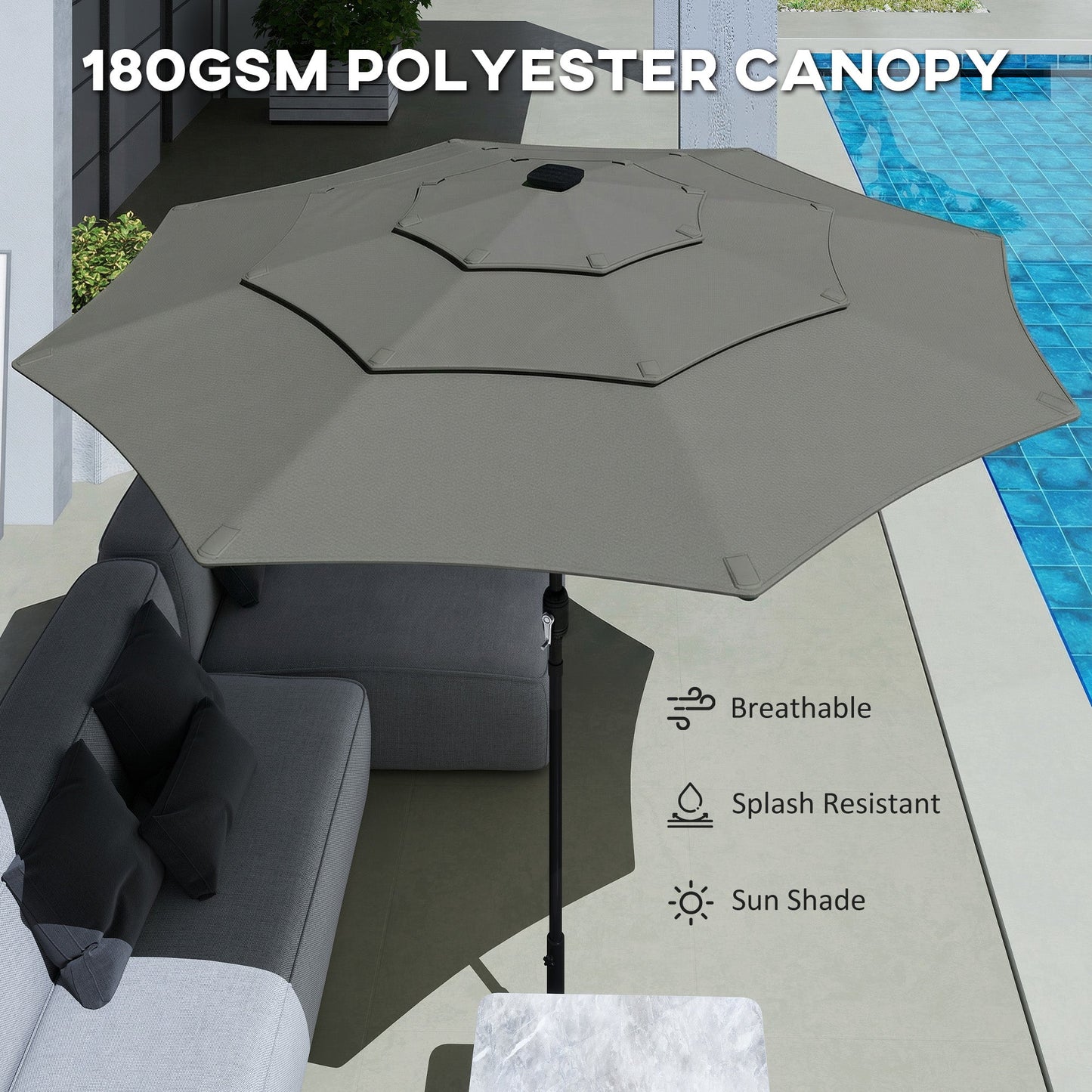 3 m Garden Parasol, Parasol Umbrella with 3-tier Roof, Crank Handle, Tilt Function, Polyester Canopy, Outdoor Table Umbrella for Patio, Garden, Grey