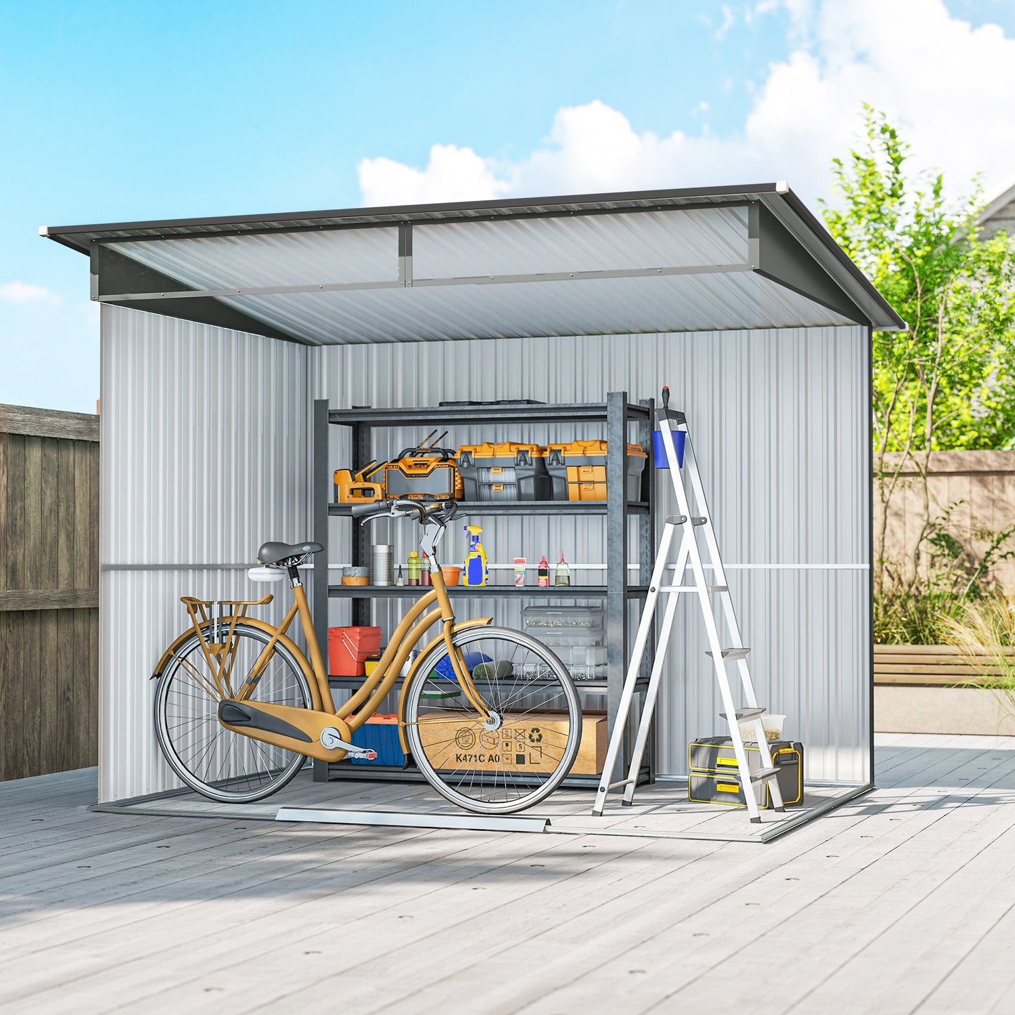 9ft x 6.5ft Metal Shed with Lightsky Panels, Garden Storage Tool House with Double Doors for Garden, Patio and Lawn, Light Grey