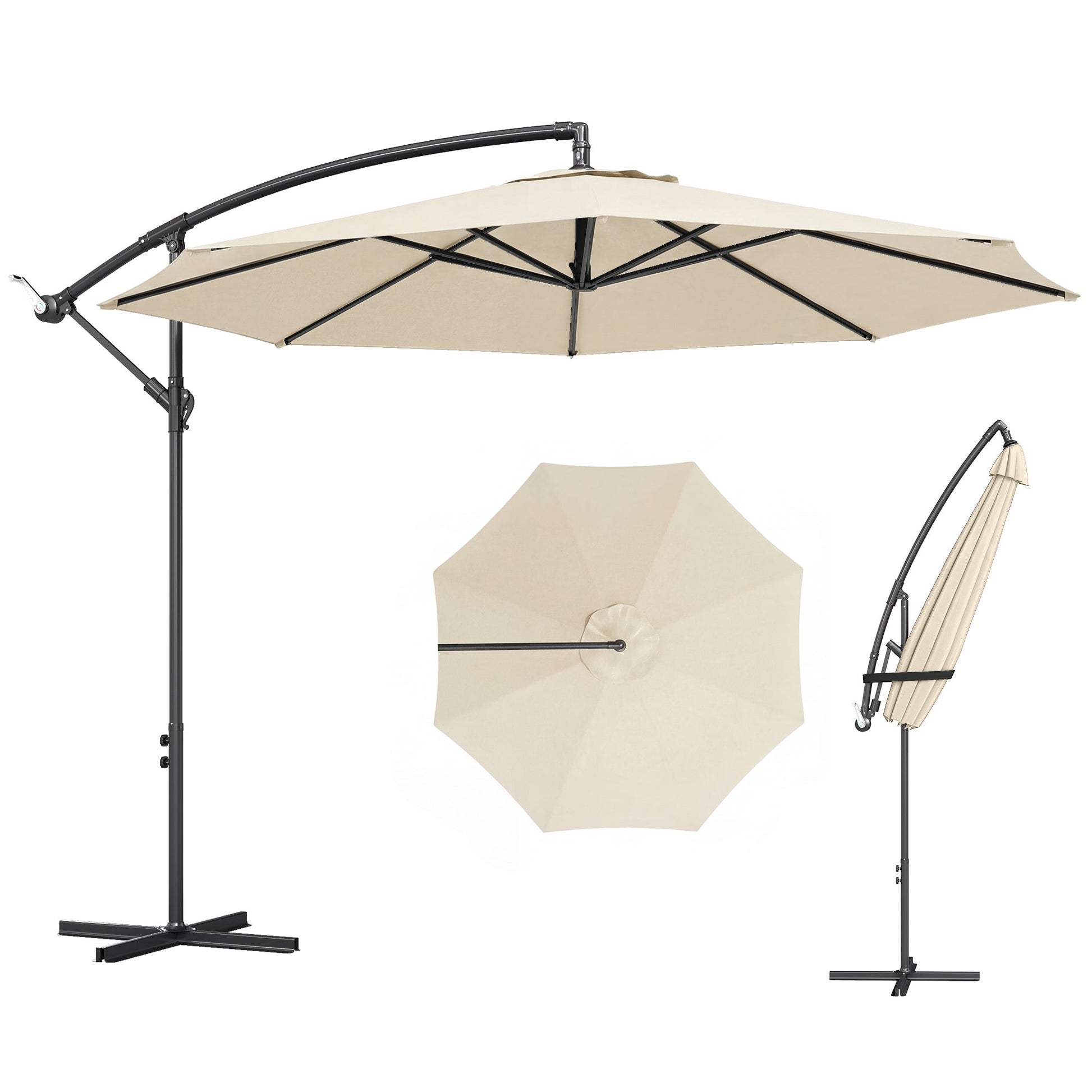 3(m) Garden Banana Parasol Hanging Cantilever Umbrella with Crank Handle, 8 Ribs and Cross Base for Outdoor, Sun Shade, Cream White