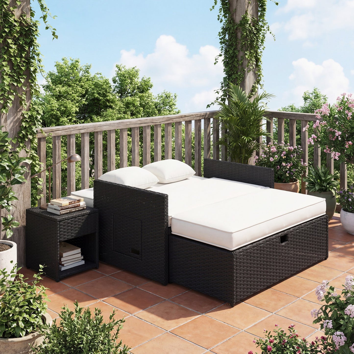 Rattan Garden Daybed, Assembled Double Sun Lounger with 5-Level Adjustable Back, Storage Ottoman, Cushions, Pillows and Retractable Trays, Outdoor Loveseat Sofa Bed for Patio, Cream White