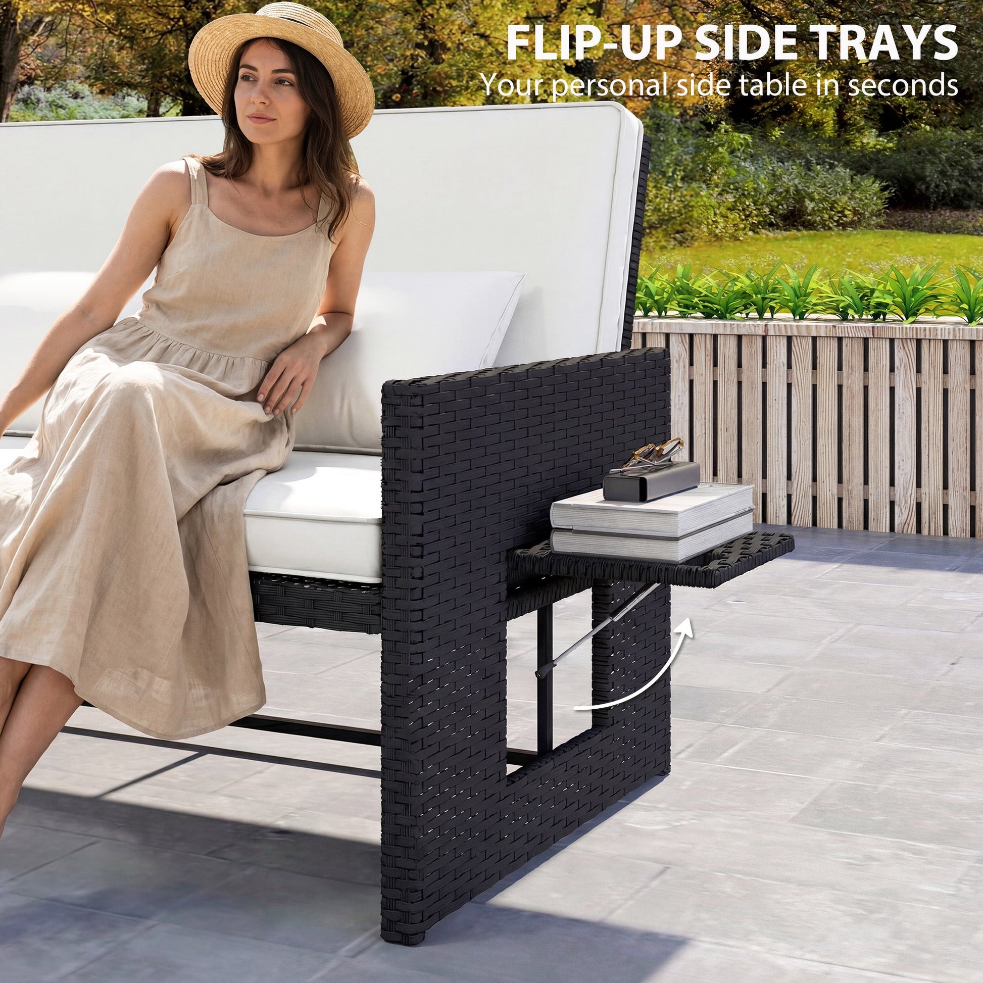 Rattan Garden Daybed, Assembled Double Sun Lounger with 5-Level Adjustable Back, Storage Ottoman, Cushions, Pillows and Retractable Trays, Outdoor Loveseat Sofa Bed for Patio, Cream White