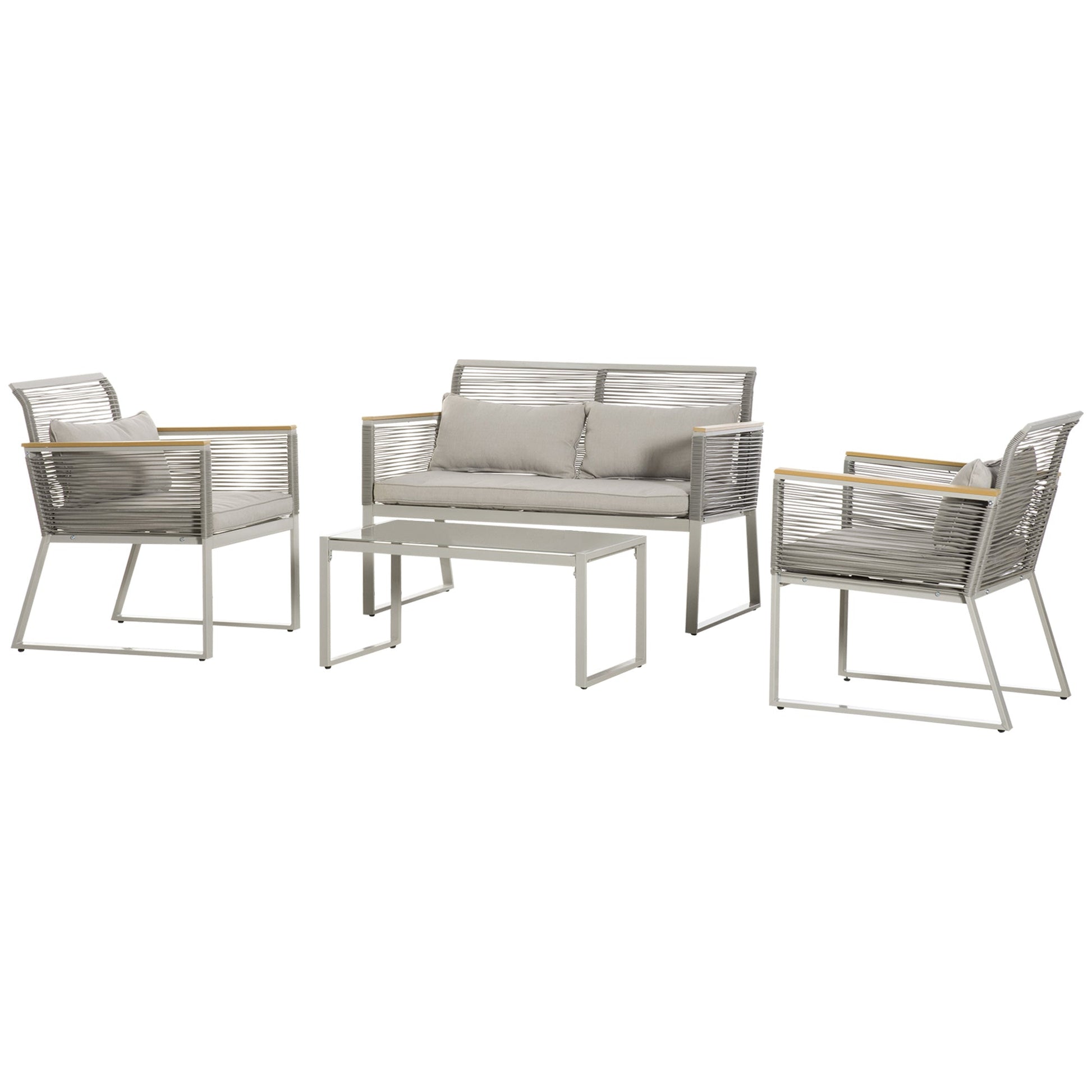 4 Pieces Rattan Garden Furniture Set, Metal Frame Outdoor Furniture Sofa Set with Cushions, Pillows & Tempered Glass Top Table, Wicker Garden Sofa for Conservatory, Patio, Grey
