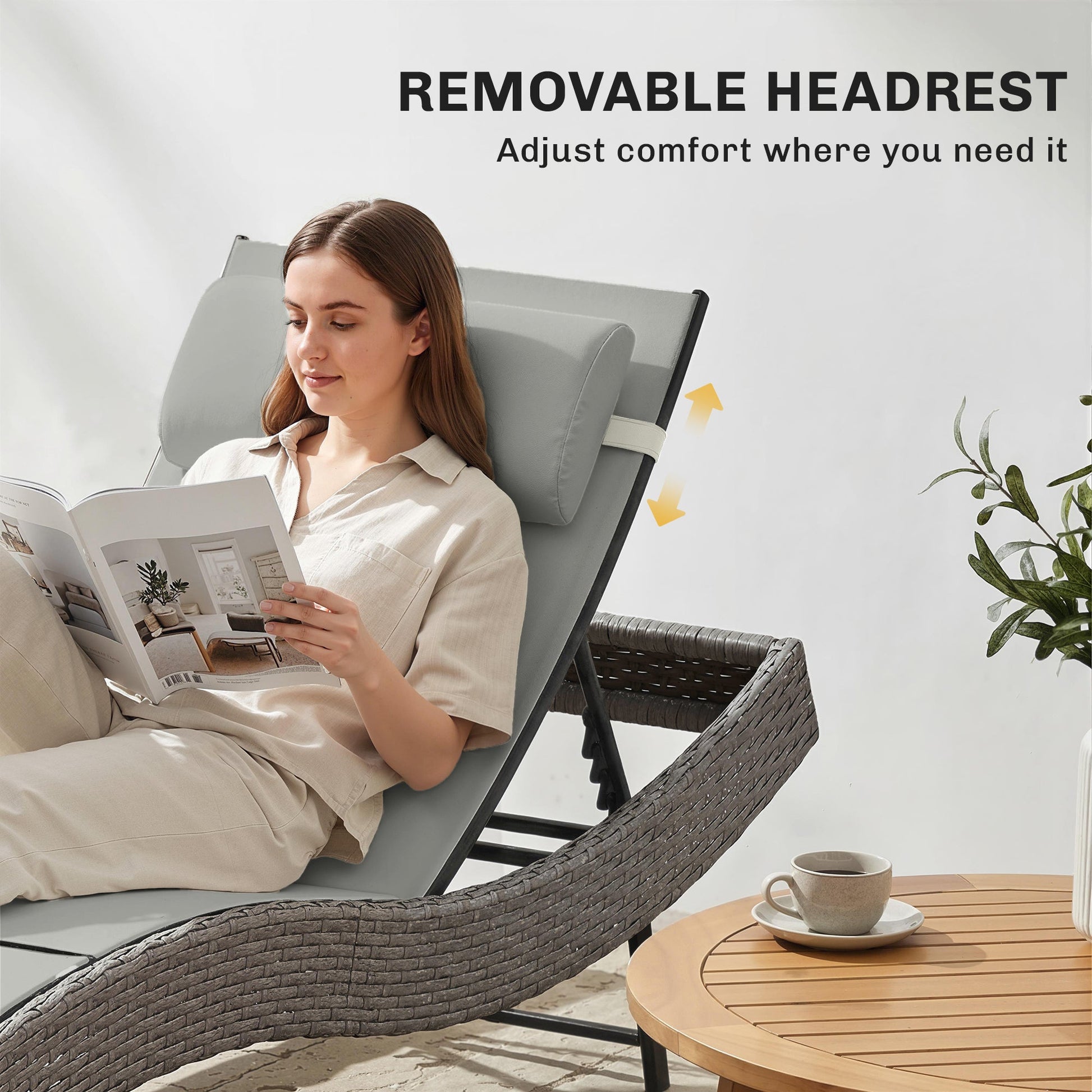 Rattan Sun Lounger, 5 Position Adjustable Garden Lounger Recliner with S Shaped Texteline Seat and Headrest, Reclining Outdoor Sunbed with Metal Frame for Patio, Terrace, Light Grey