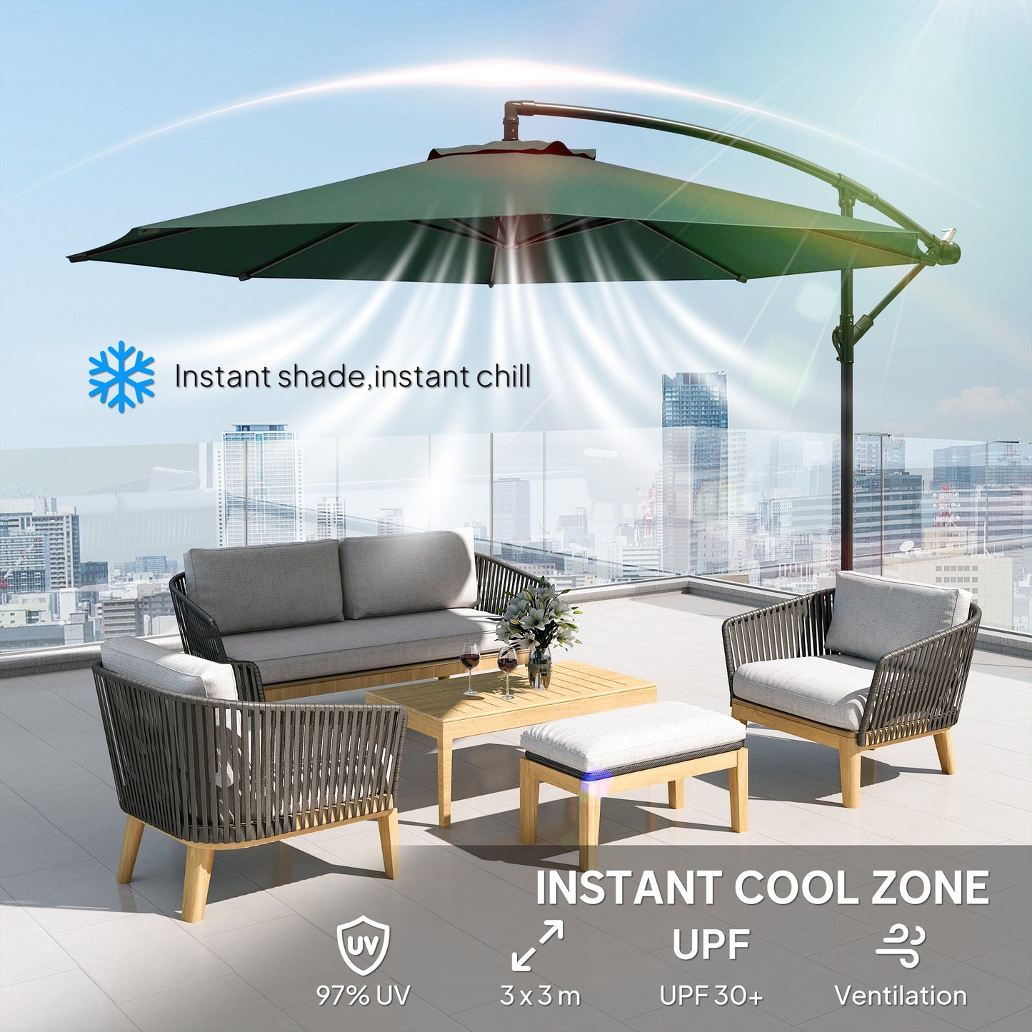 3(m) Garden Banana Parasol Hanging Cantilever Umbrella with Crank Handle, 8 Ribs and Cross Base for Outdoor, Sun Shade, Dark Green