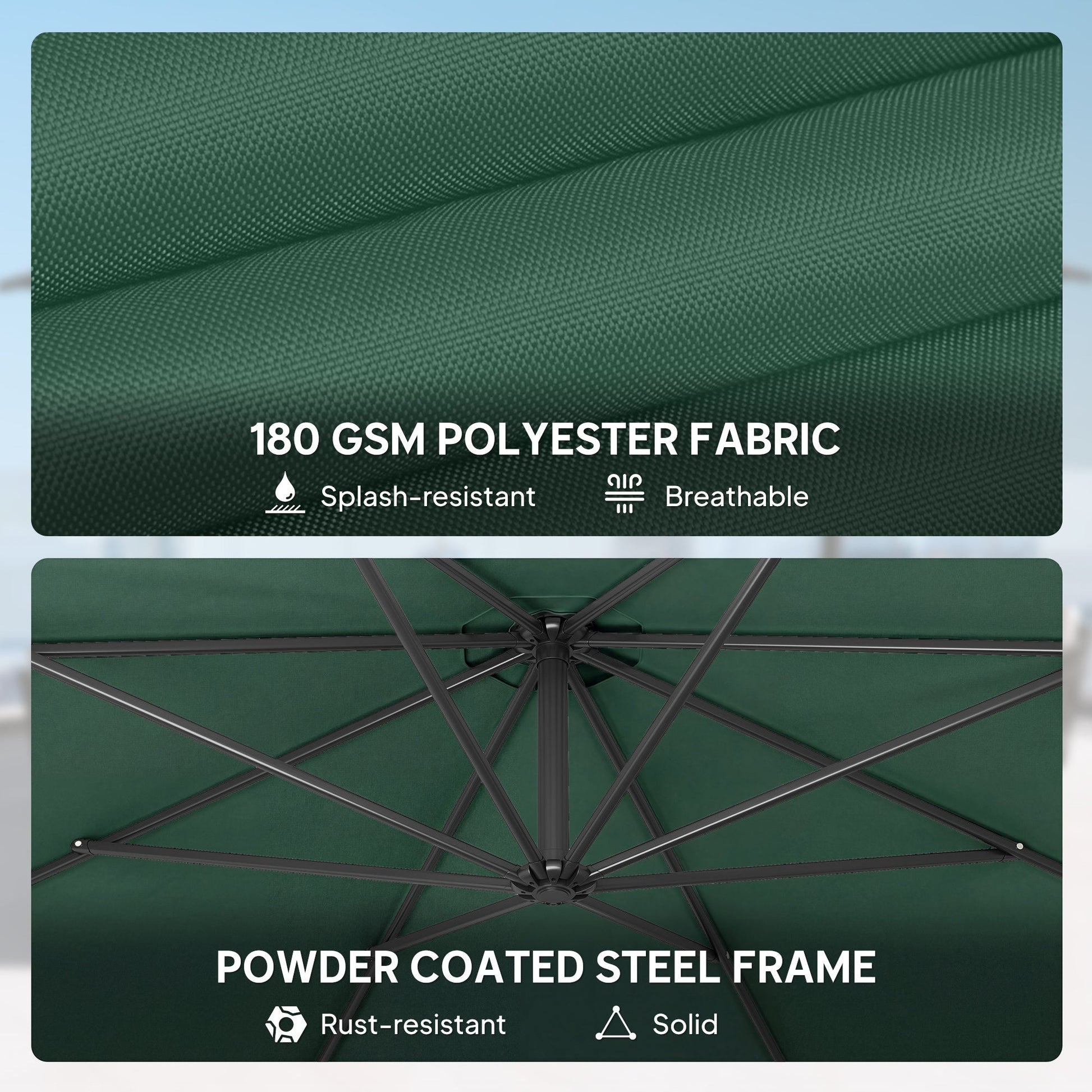 3(m) Garden Banana Parasol Hanging Cantilever Umbrella with Crank Handle, 8 Ribs and Cross Base for Outdoor, Sun Shade, Dark Green