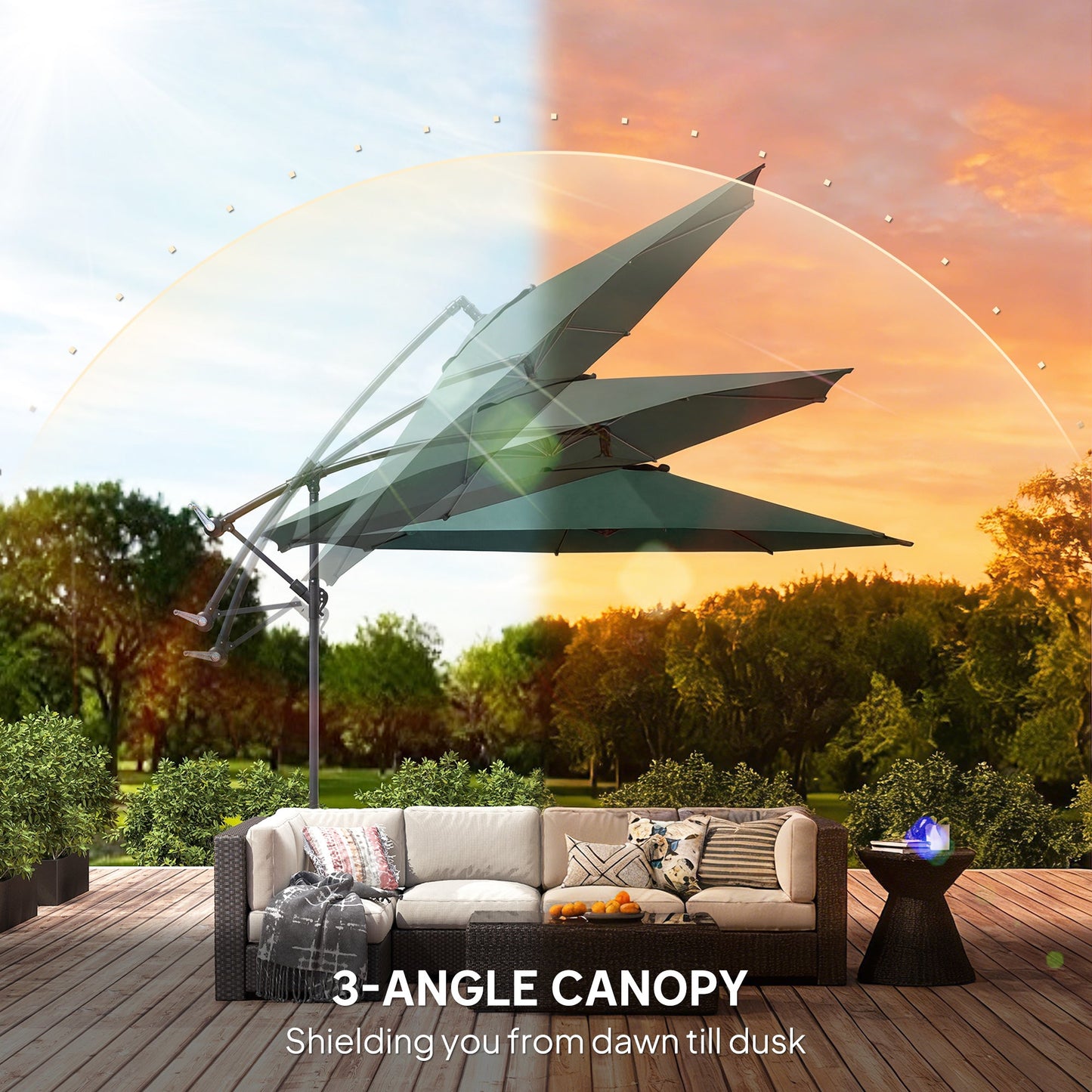 3(m) Garden Banana Parasol Hanging Cantilever Umbrella with Crank Handle, 8 Ribs and Cross Base for Outdoor, Sun Shade, Dark Green