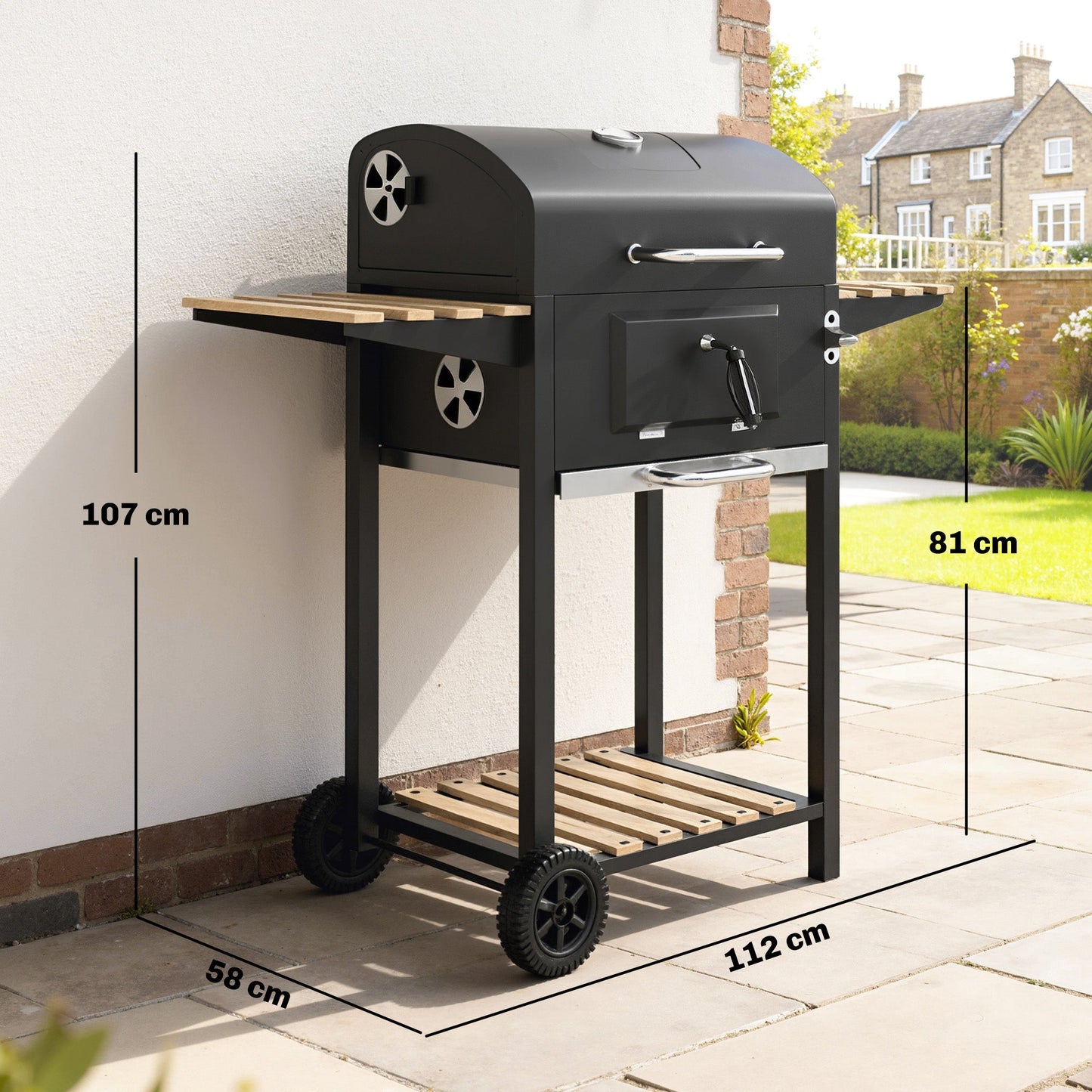 Charcoal BBQ Grill with Height Adjustable Charcoal Pan, Barbecue Smoker with Warming Rack, 3 Shelves, Temperature Gauge, Wheels, Bottle Opener for Outdoor Cooking Garden Party