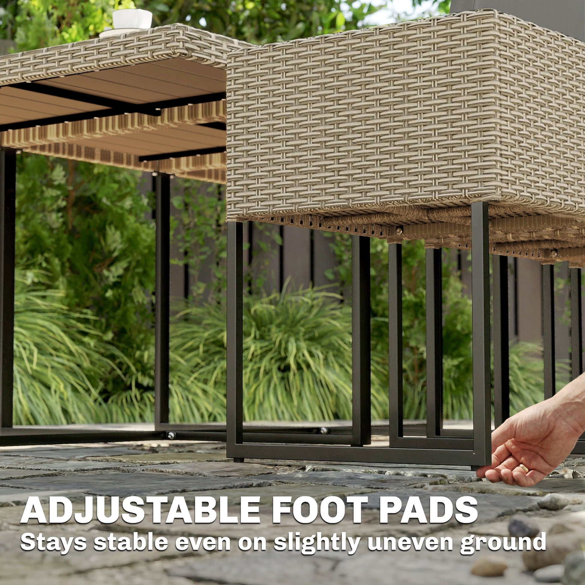 7 Piece Rattan Garden Furniture Set, Garden Dining Set with Wood-Plastic Table and 6 Stackable Chairs, Rattan Table and Chairs with 12 Cushions for Patio Terrace, Light Grey