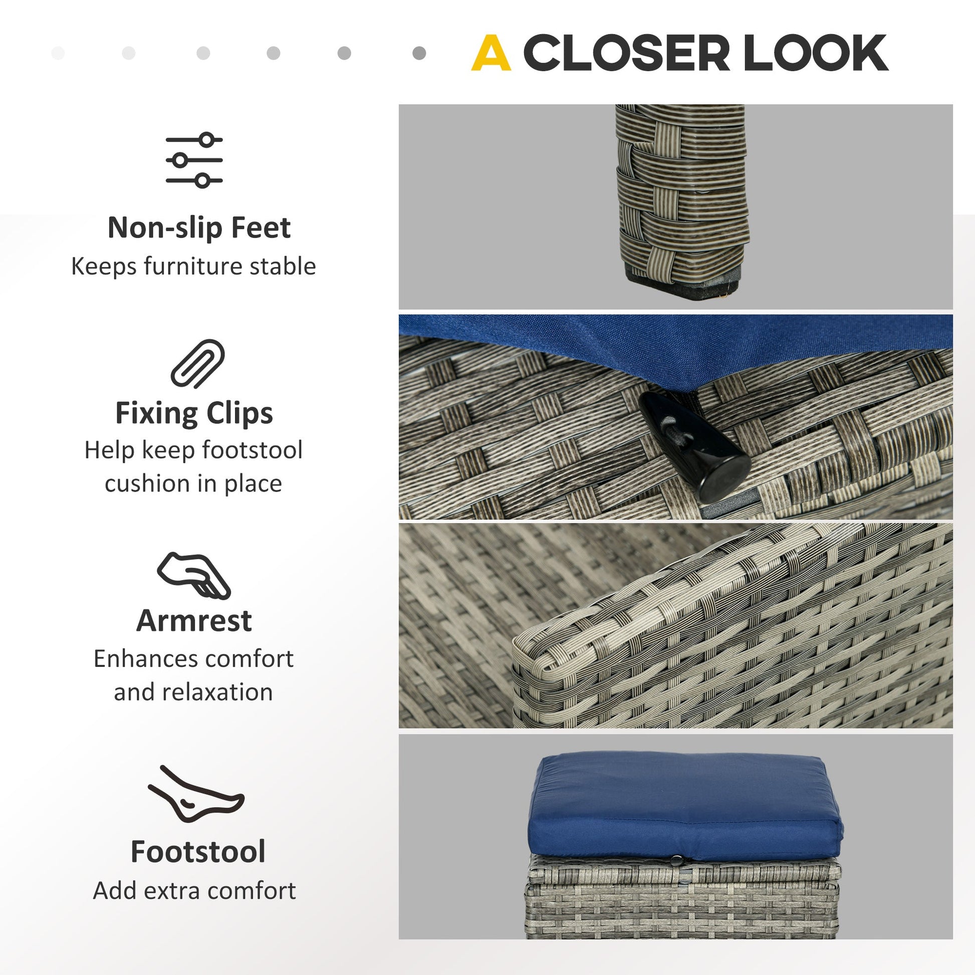 5 Pieces Rattan Garden Furniture Set, 6 Seater Wicker Dining Set, Corner Garden Sofa Outdoor Furniture Set with Glass Top Table, Footstool and Cushions for Patio, Dark Blue