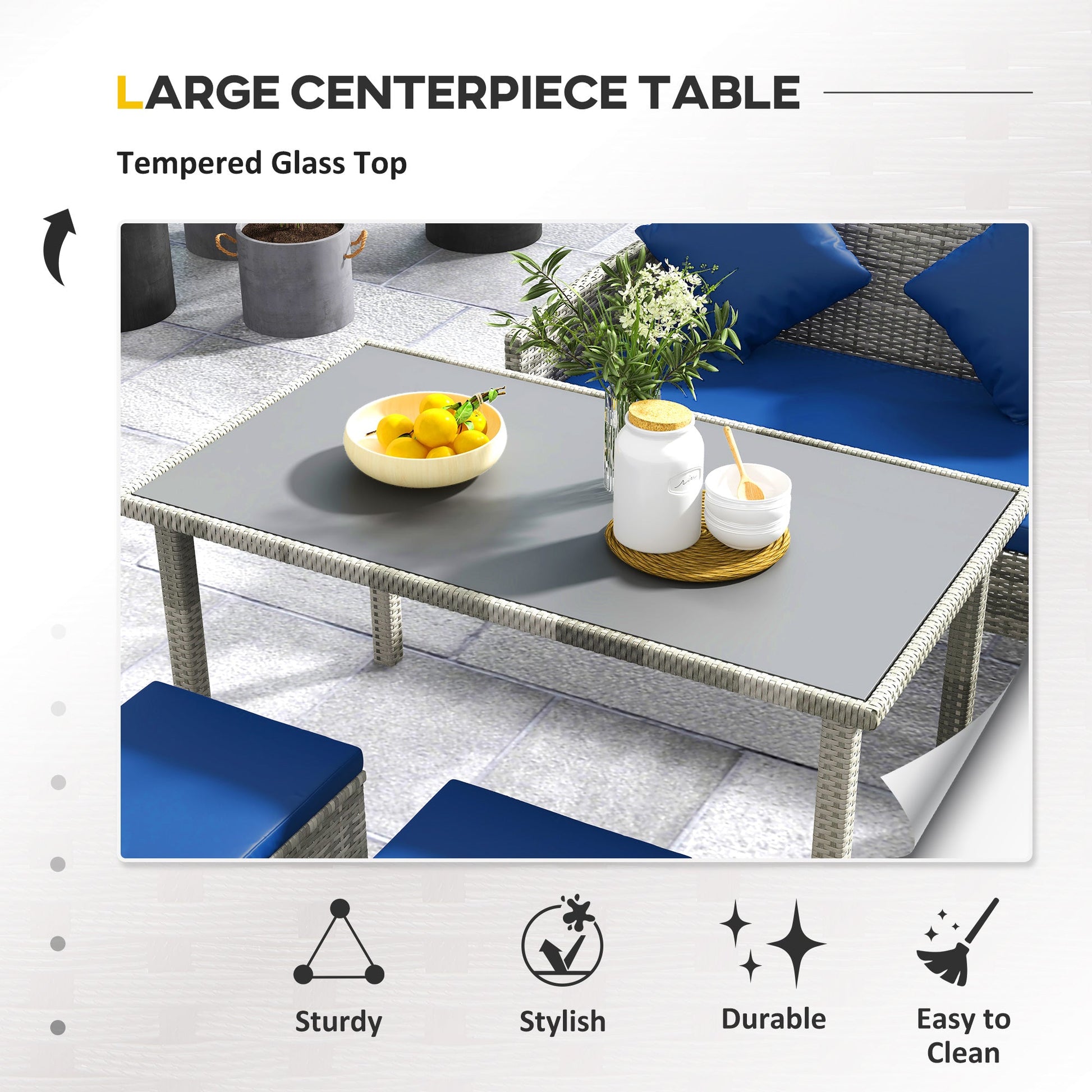 5 Pieces Rattan Garden Furniture Set, 6 Seater Wicker Dining Set, Corner Garden Sofa Outdoor Furniture Set with Glass Top Table, Footstool and Cushions for Patio, Dark Blue