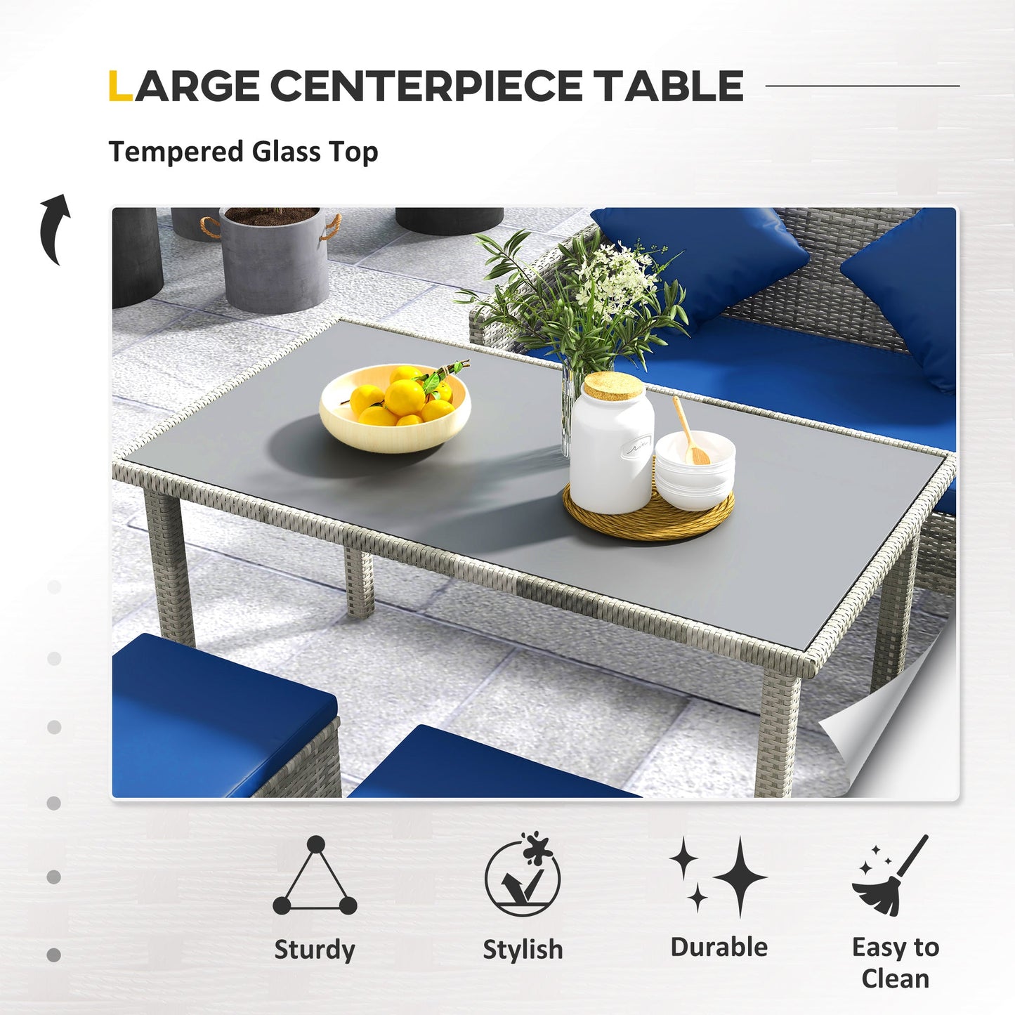 5 Pieces Rattan Garden Furniture Set, 6 Seater Wicker Dining Set, Corner Garden Sofa Outdoor Furniture Set with Glass Top Table, Footstool and Cushions for Patio, Dark Blue