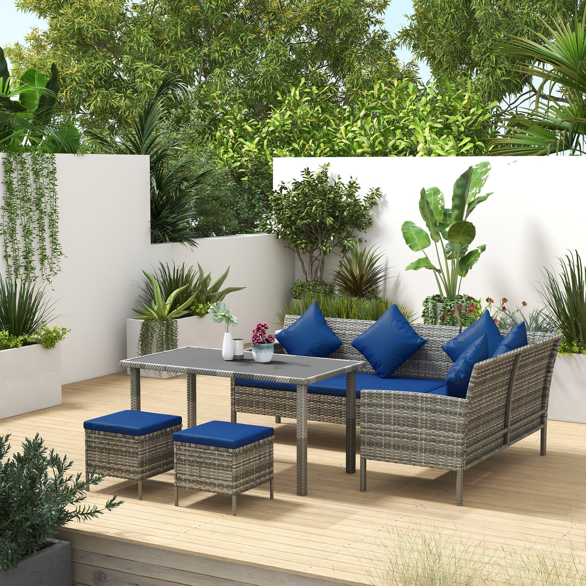 5 Pieces Rattan Garden Furniture Set, 6 Seater Wicker Dining Set, Corner Garden Sofa Outdoor Furniture Set with Glass Top Table, Footstool and Cushions for Patio, Dark Blue