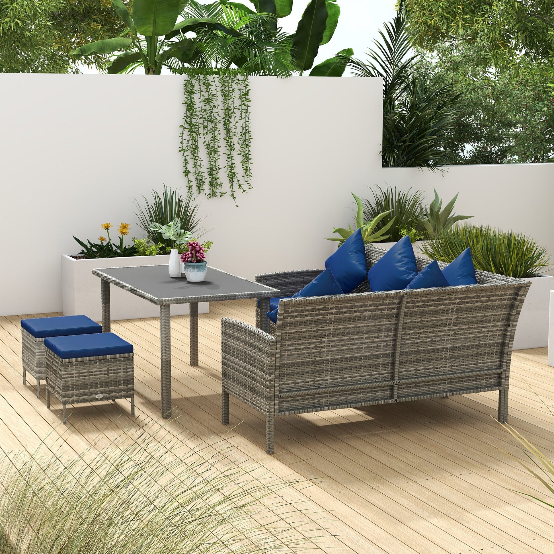 5 Pieces Rattan Garden Furniture Set, 6 Seater Wicker Dining Set, Corner Garden Sofa Outdoor Furniture Set with Glass Top Table, Footstool and Cushions for Patio, Dark Blue