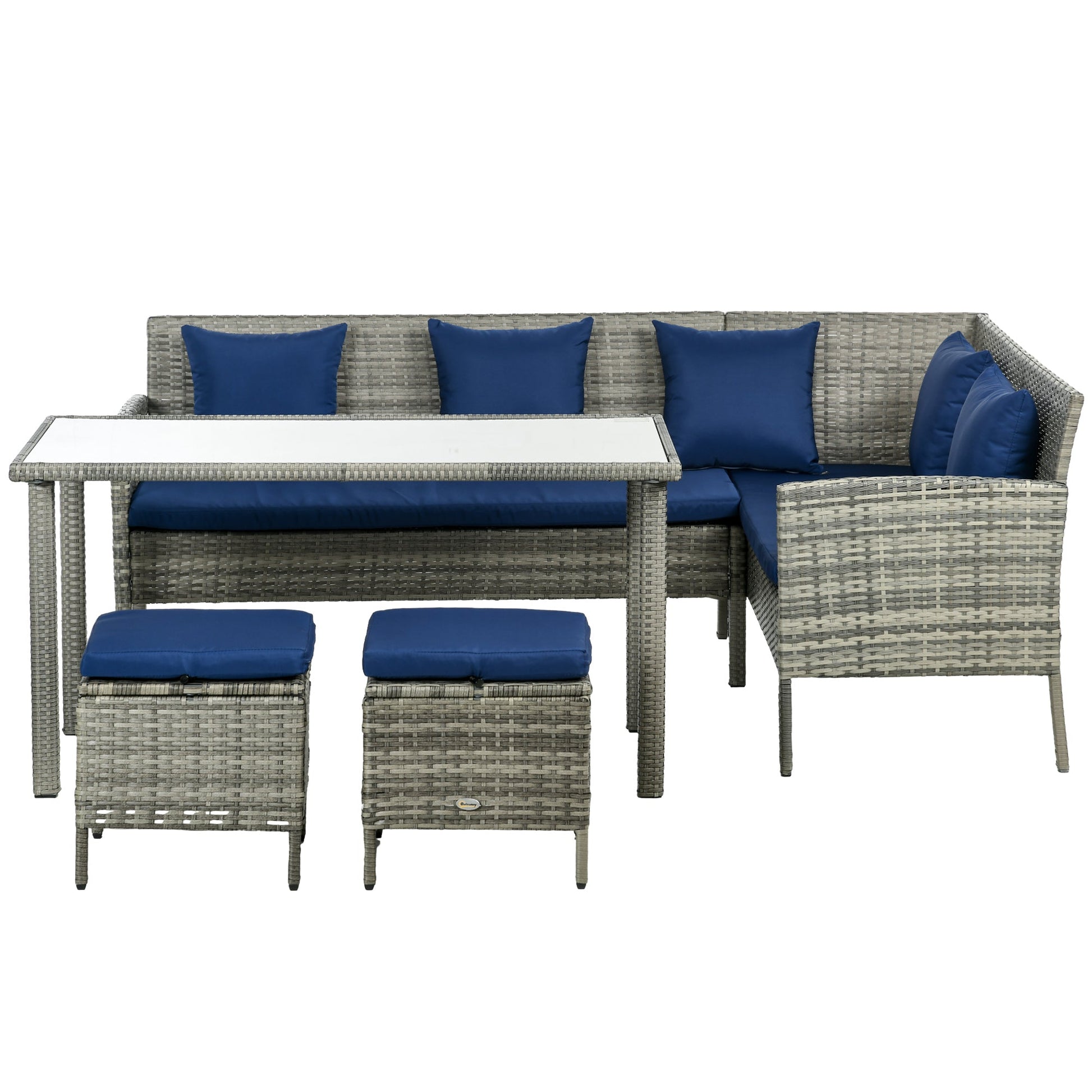 5 Pieces Rattan Garden Furniture Set, 6 Seater Wicker Dining Set, Corner Garden Sofa Outdoor Furniture Set with Glass Top Table, Footstool and Cushions for Patio, Dark Blue