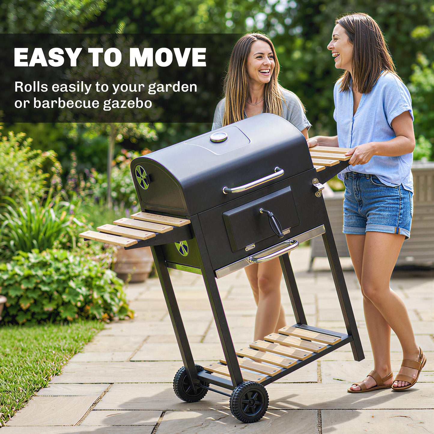 Charcoal BBQ Grill with Height Adjustable Charcoal Pan, Barbecue Smoker with Warming Rack, 3 Shelves, Temperature Gauge, Wheels, Bottle Opener for Outdoor Cooking Garden Party