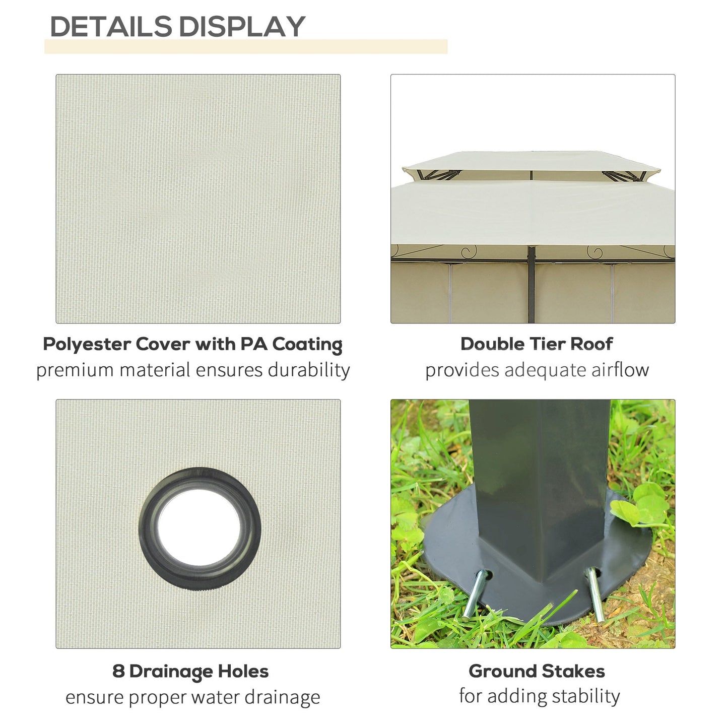 4m x 3(m)Garden Gazebo, Double Roof Outdoor Gazebo Canopy Shelter with Curtains, Solid Steel Frame for Lawn and Deck, Beige