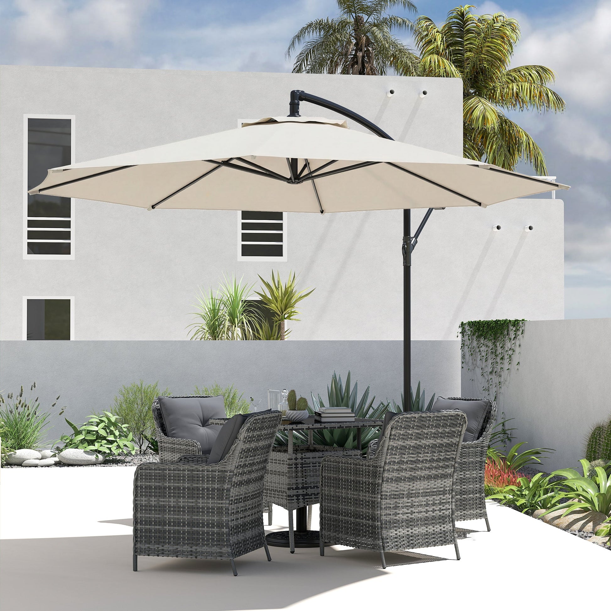3(m) Garden Banana Parasol Hanging Cantilever Umbrella with Crank Handle, 8 Ribs and Cross Base for Outdoor, Sun Shade, Cream White