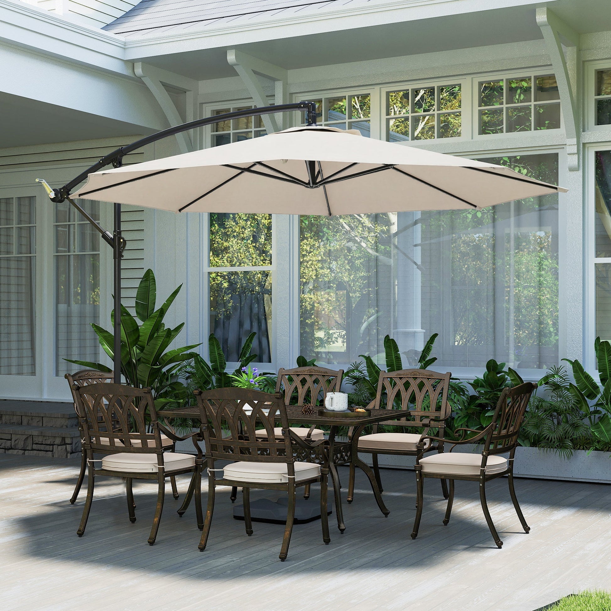 3(m) Garden Banana Parasol Hanging Cantilever Umbrella with Crank Handle, 8 Ribs and Cross Base for Outdoor, Sun Shade, Cream White