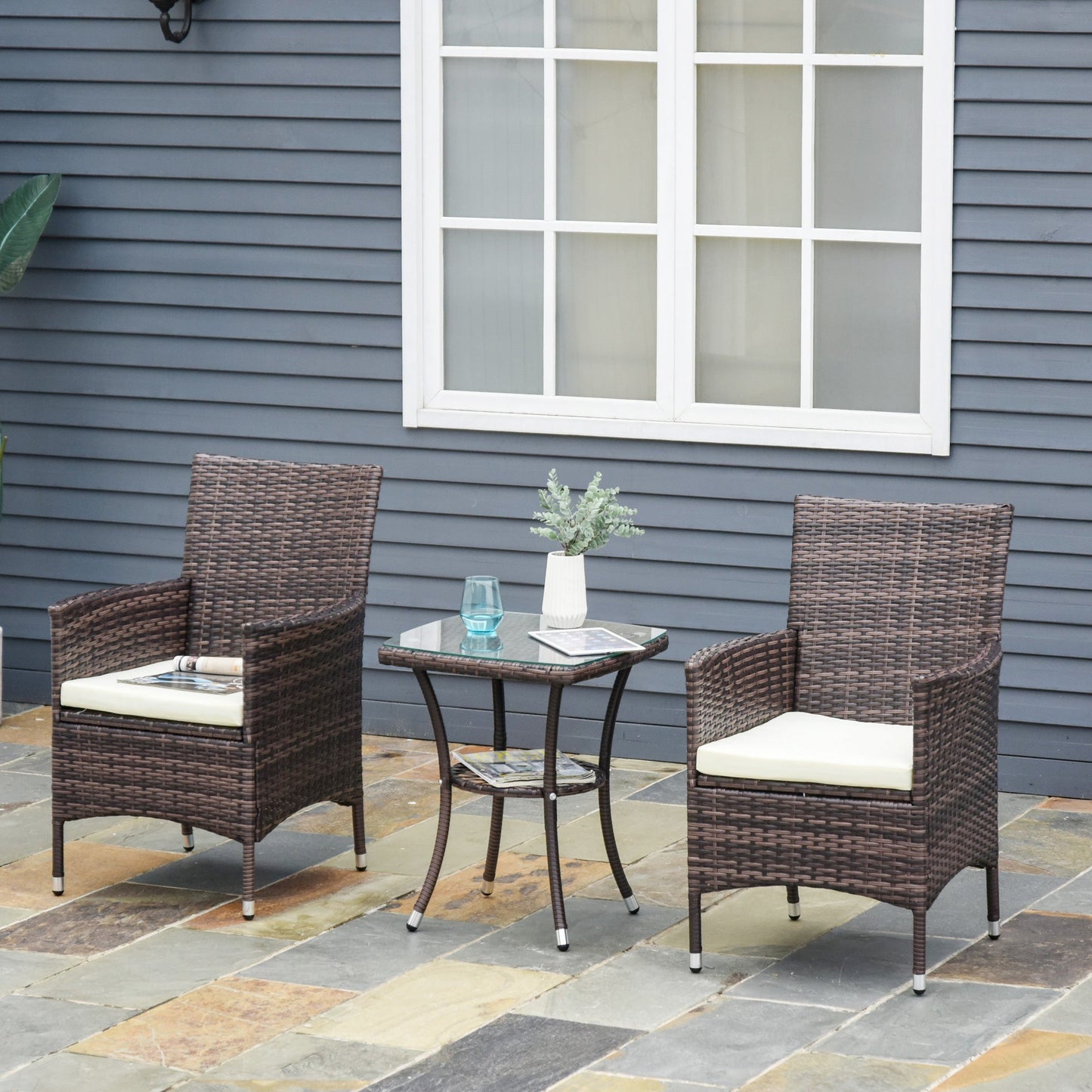 2 Pieces Outdoor PE Rattan Dining Chairs Set with Cushion, Garden Armchair with Armrests, High Backrest, Metal Frame Patio Wicker Furniture, Mixed Brown