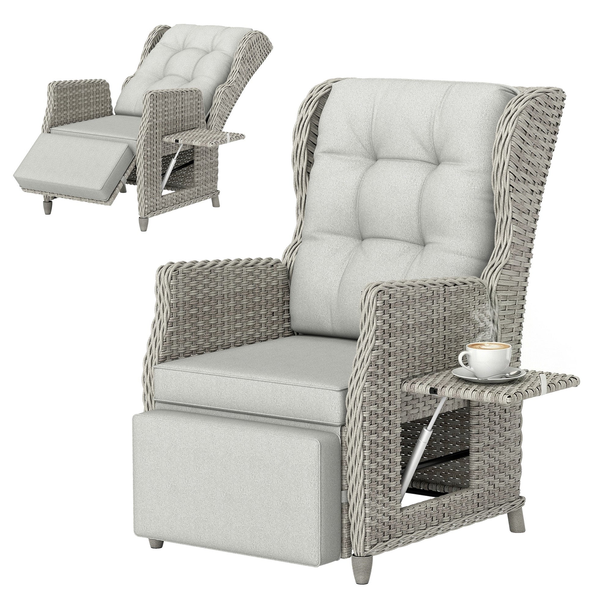 Rattan Garden Recliner Chair, Reclining Garden Chair with Adjustable Backrest and Footrest, Flip Table, Cushion, PE Wicker Outdoor Lounge Armchair Sun Lounger for Patio, Balcony, Light Grey