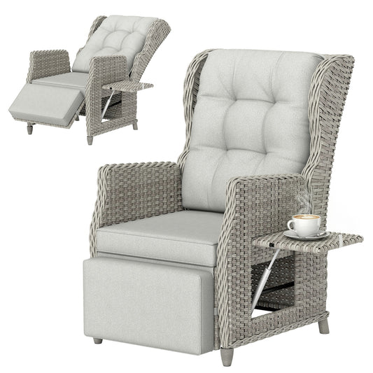 Rattan Garden Recliner Chair, Reclining Garden Chair with Adjustable Backrest and Footrest, Flip Table, Cushion, PE Wicker Outdoor Lounge Armchair Sun Lounger for Patio, Balcony, Light Grey