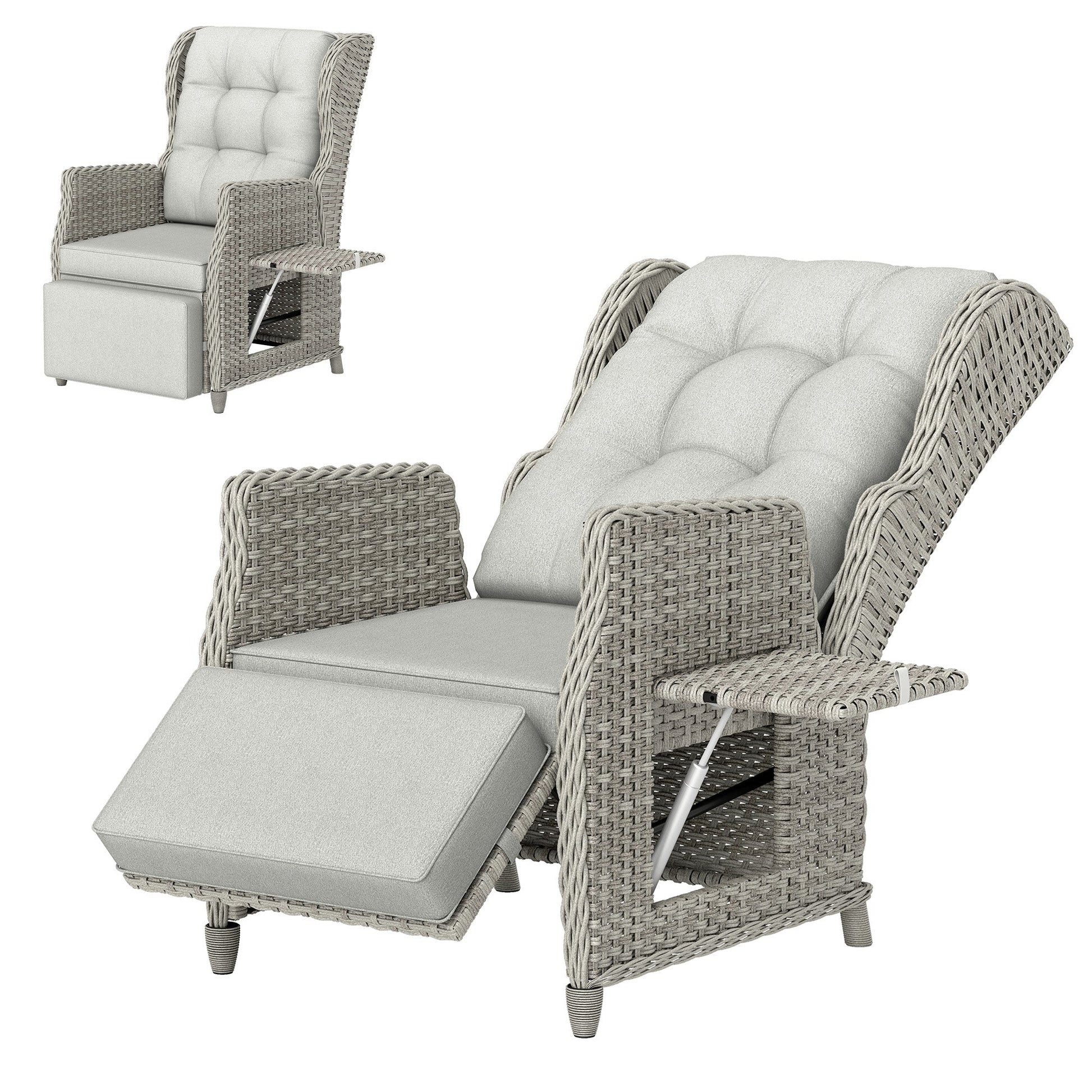 Rattan Garden Recliner Chair, Reclining Garden Chair with Adjustable Backrest and Footrest, Flip Table, Cushion, PE Wicker Outdoor Lounge Armchair Sun Lounger for Patio, Balcony, Light Grey