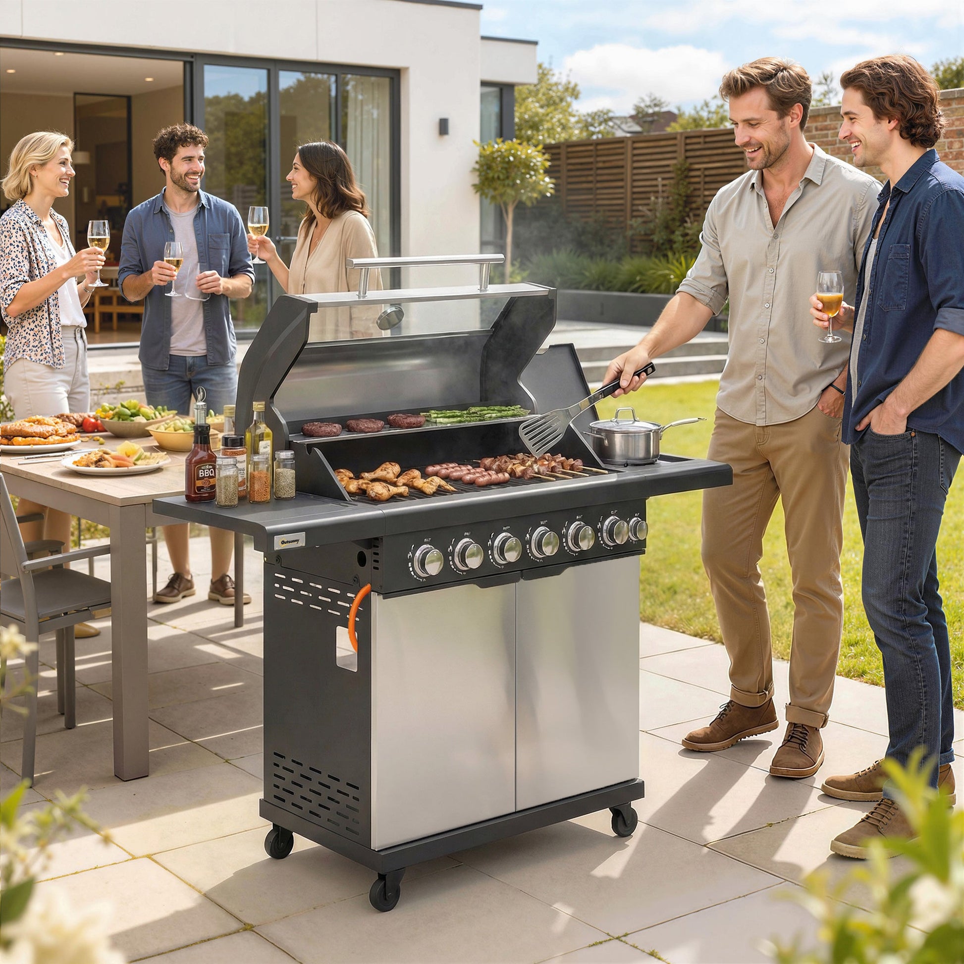 6+1 Burner Gas BBQ Grill, Portable Outdoor Barbecue Trolley with Wheels, Warming Rack, Built-in Thermometer, Side Shelves, Cabinet, Bottle Opener, Lid with Viewing Window, Silver Tone