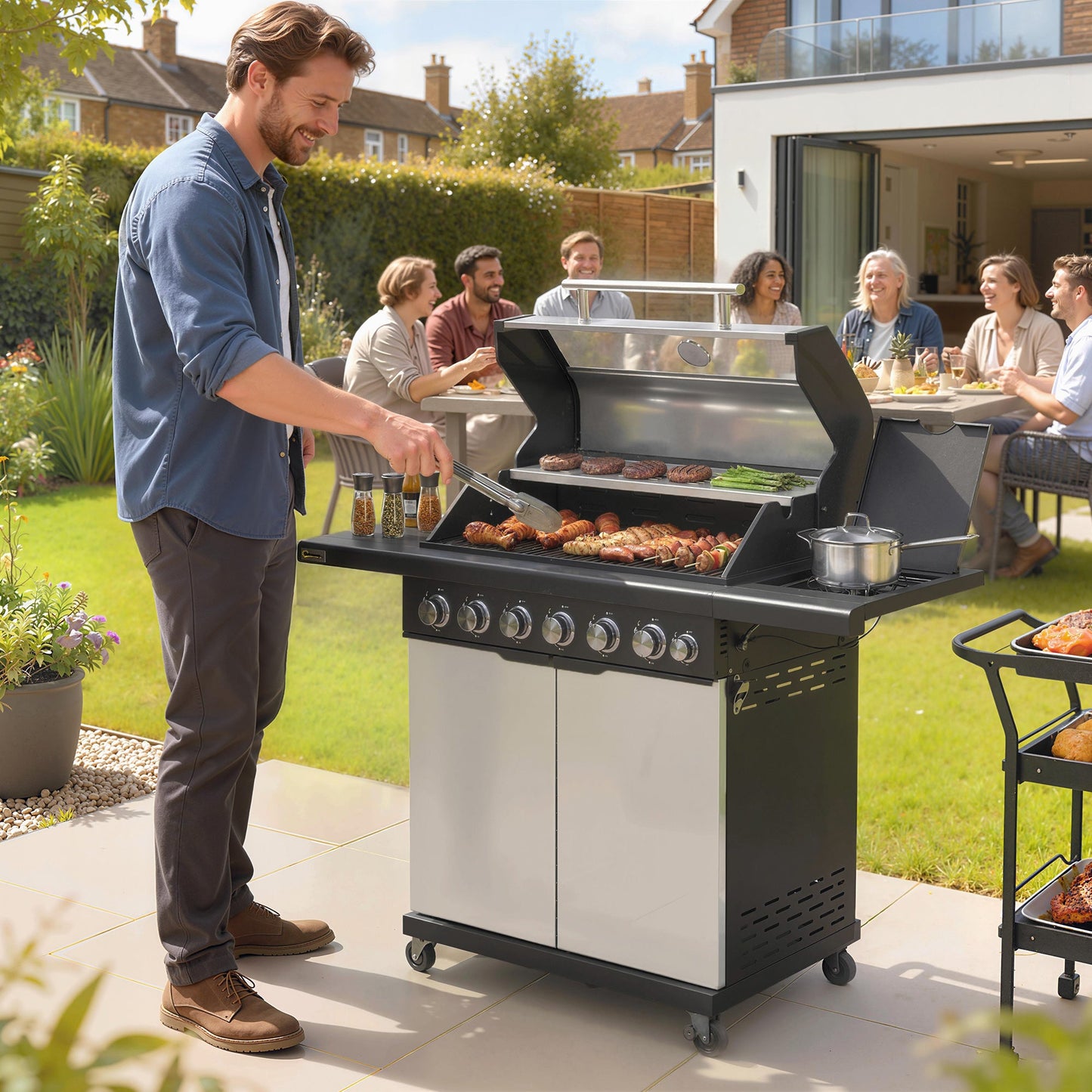 6+1 Burner Gas BBQ Grill, Portable Outdoor Barbecue Trolley with Wheels, Warming Rack, Built-in Thermometer, Side Shelves, Cabinet, Bottle Opener, Lid with Viewing Window, Silver Tone