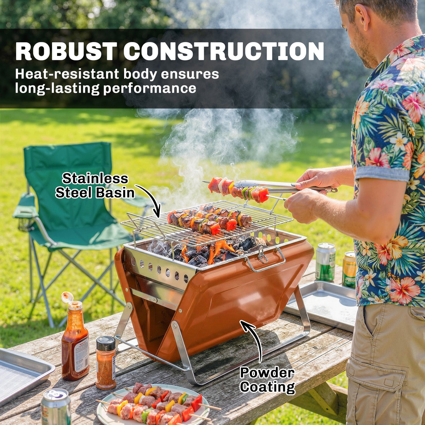 Portable BBQ Grill, Folding Charcoal Barbecue Grill with Handle and Foldable Legs for Camping Garden Outdoor Cooking, Orange